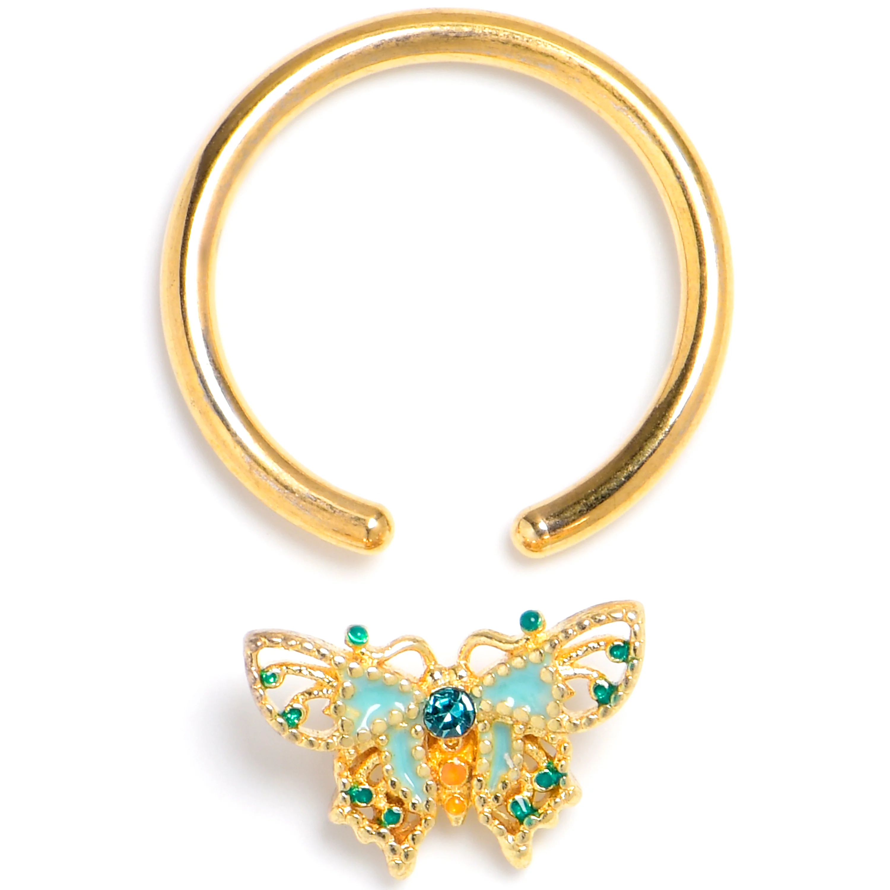 16G 3/8 Blue Gem Gold Tone Rococo Butterfly BCR Captive Ring - Image 2