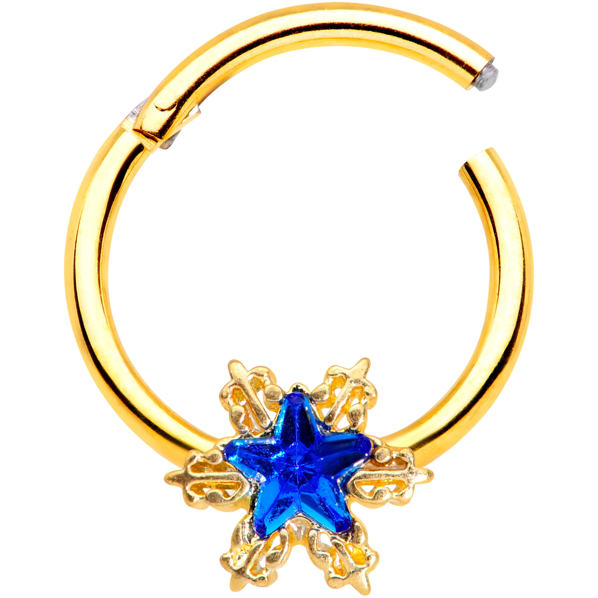16G 3/8 Blue Gem Gold Tone Star Hinged Segment Ring - Image 2
