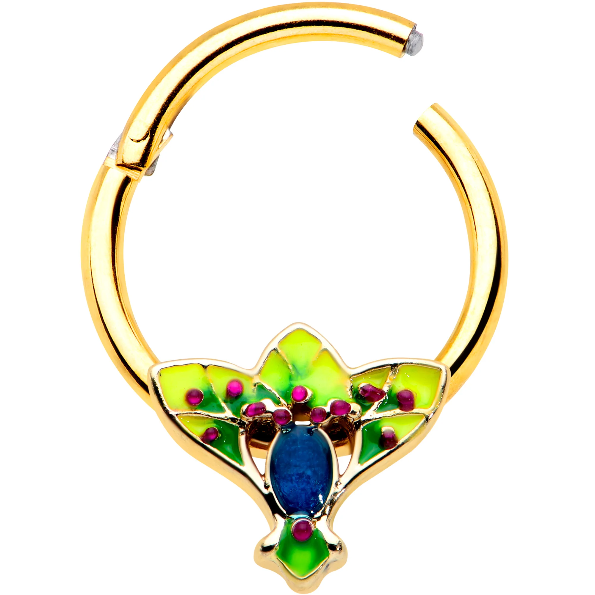 16G 3/8 Blue Gem Gold Tone Tropic Fan Hinged Segment Ring - Image 2