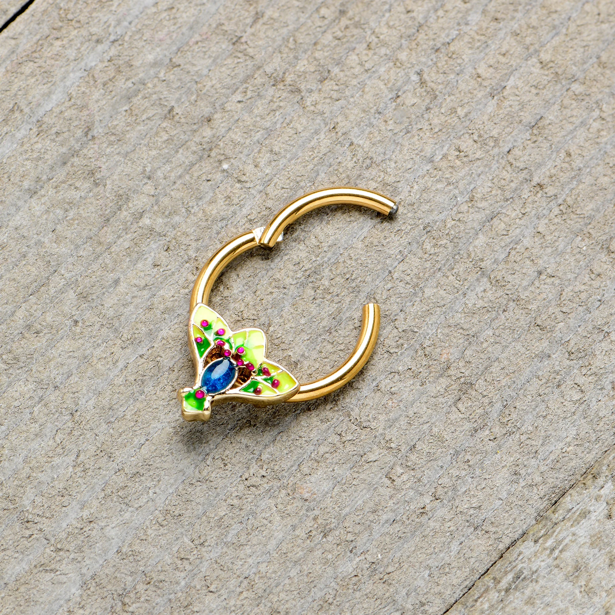 16G 3/8 Blue Gem Gold Tone Tropic Fan Hinged Segment Ring - Image 7