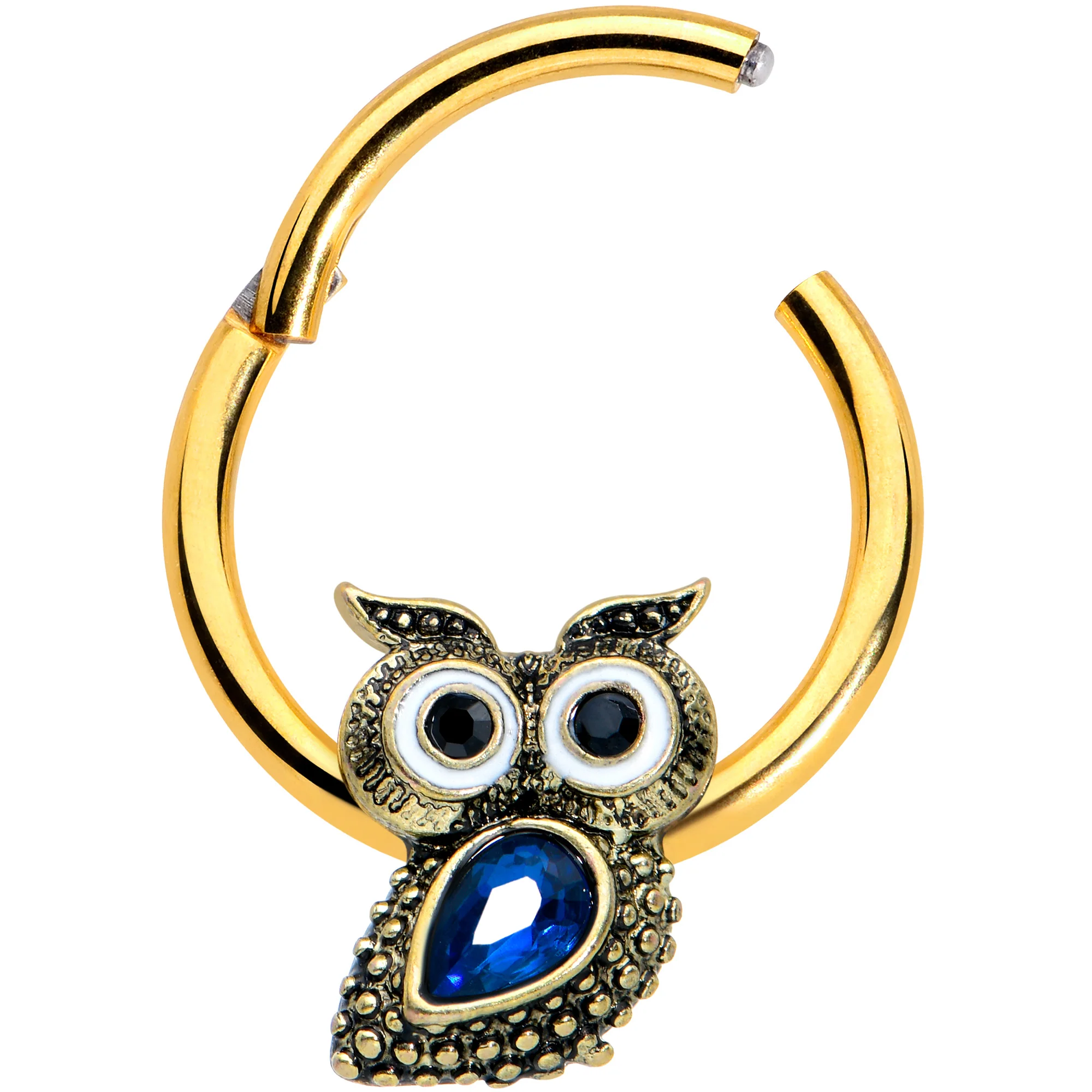 16G 3/8 Blue Gem Gold Tone Wide Eyed Owl Hinged Segment Ring - Image 2