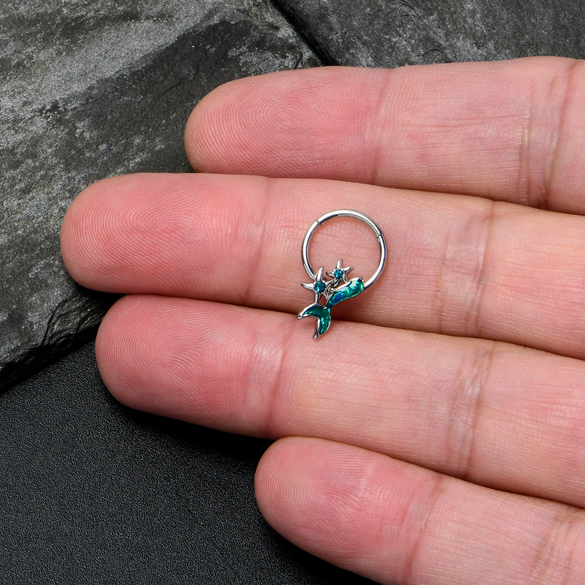 16G 3/8 Blue Gem Green Mermaid Tail Stars Hinged Segment Ring - Image 3