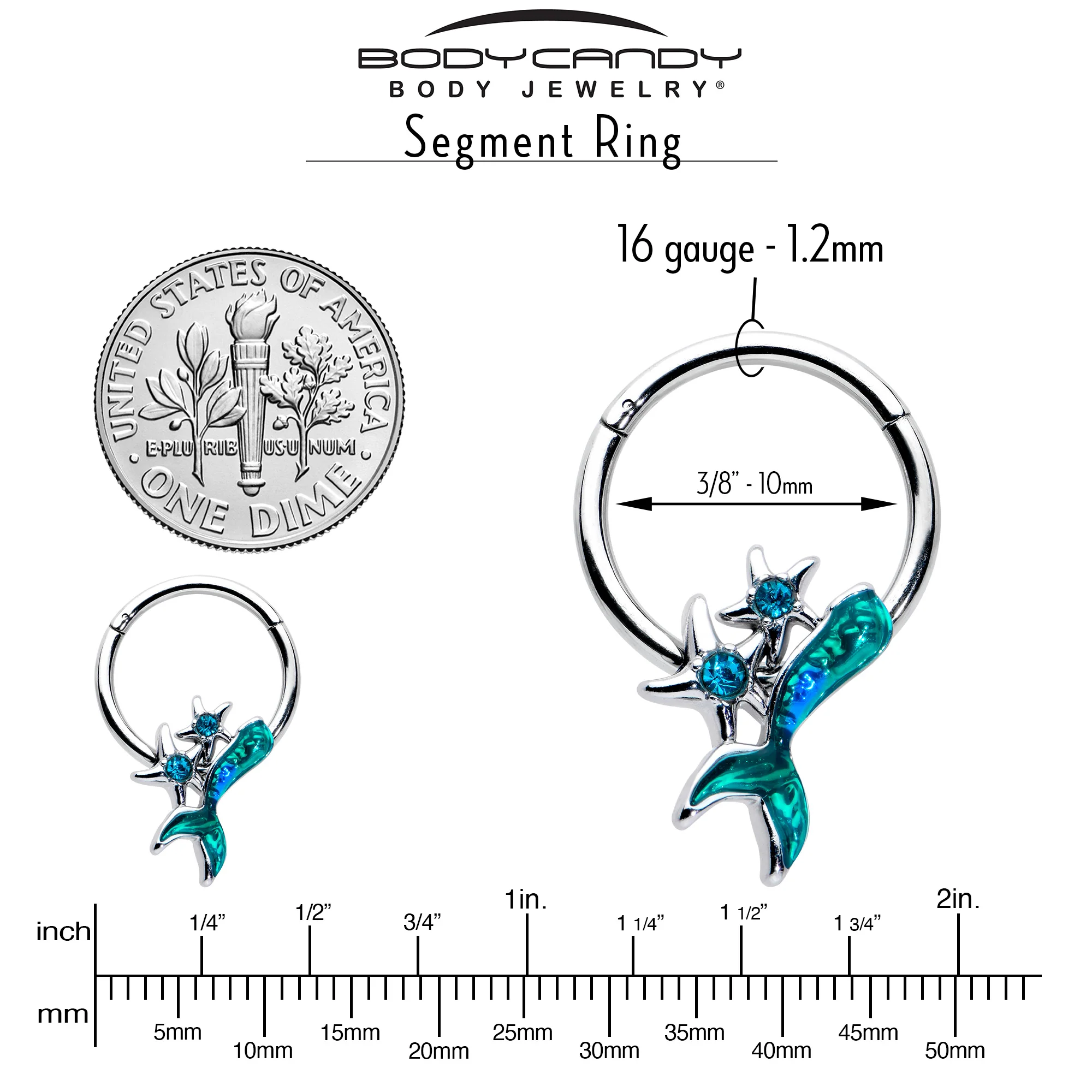 16G 3/8 Blue Gem Green Mermaid Tail Stars Hinged Segment Ring - Image 4