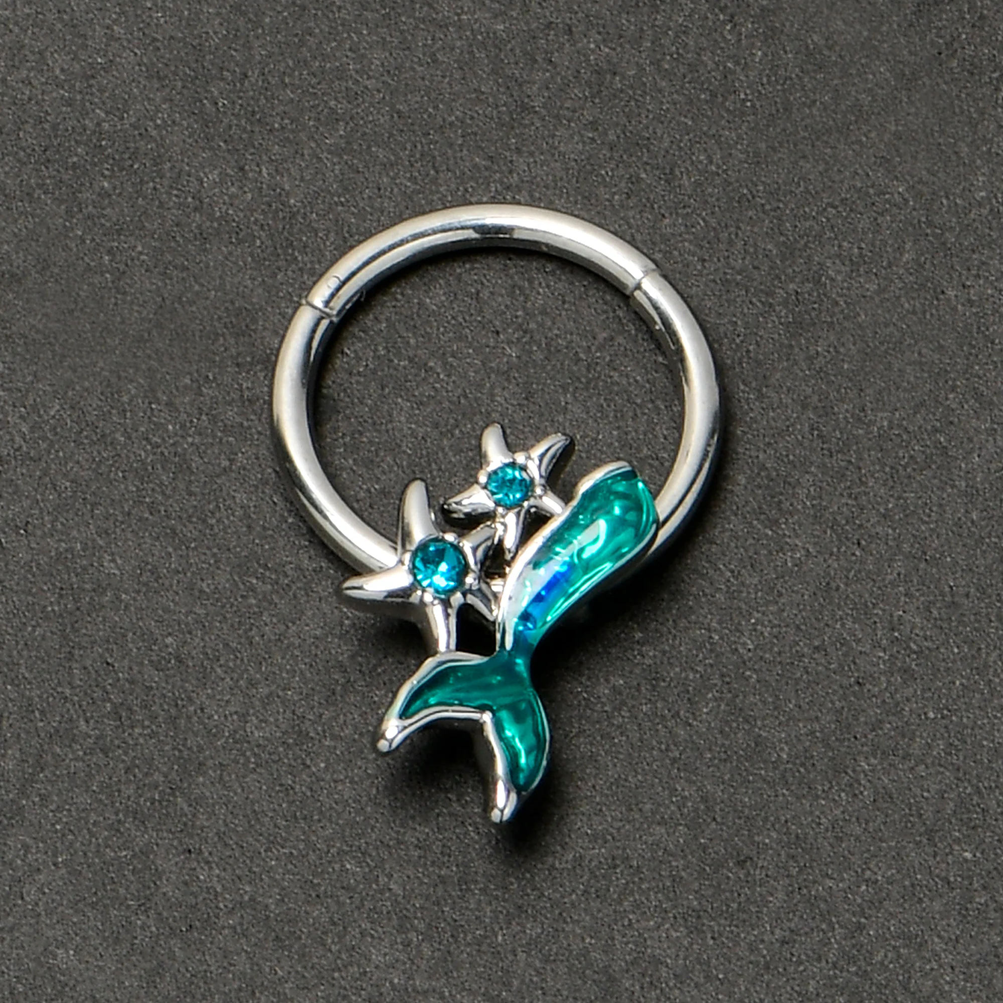 16G 3/8 Blue Gem Green Mermaid Tail Stars Hinged Segment Ring - Image 5