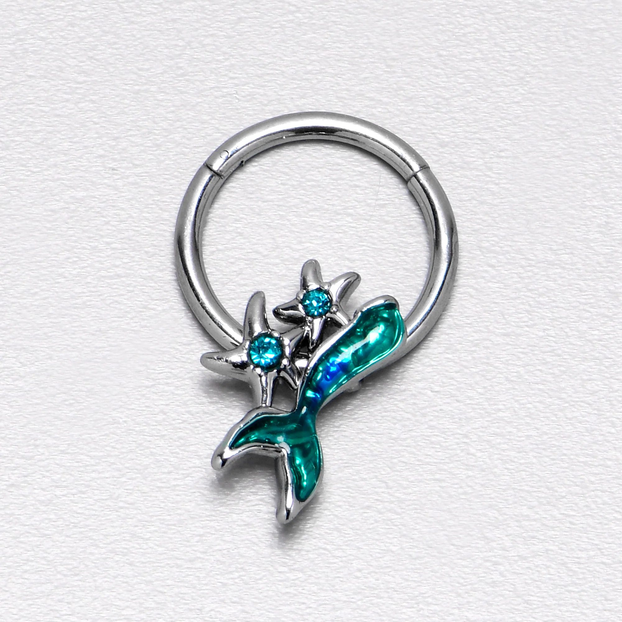 16G 3/8 Blue Gem Green Mermaid Tail Stars Hinged Segment Ring - Image 6