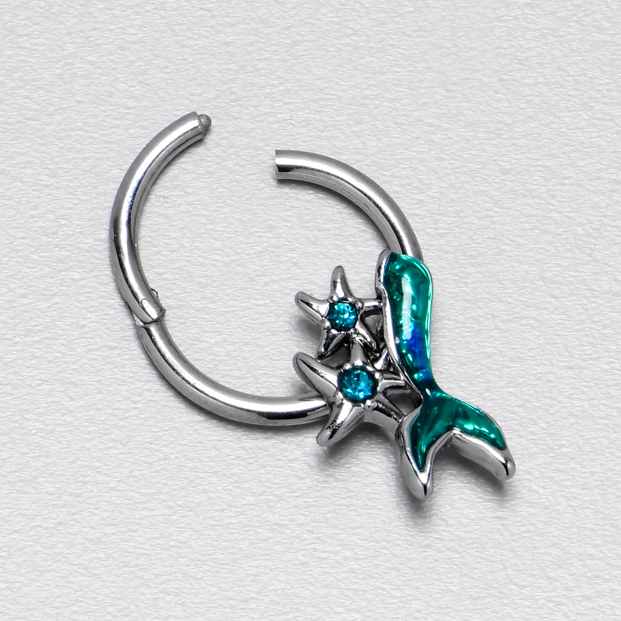 16G 3/8 Blue Gem Green Mermaid Tail Stars Hinged Segment Ring - Image 7