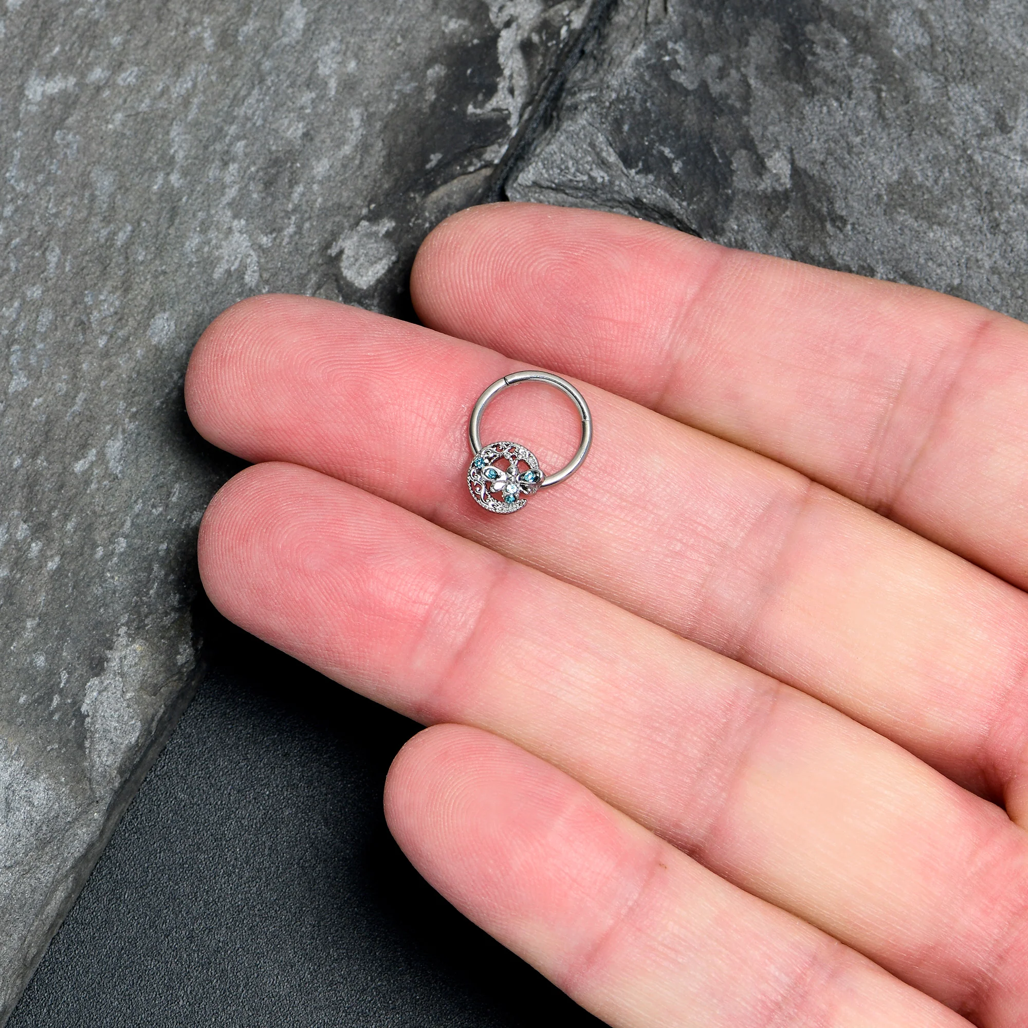 16G 3/8 Blue Gem Lunar Dragonfly Hinged Segment Ring - Image 3