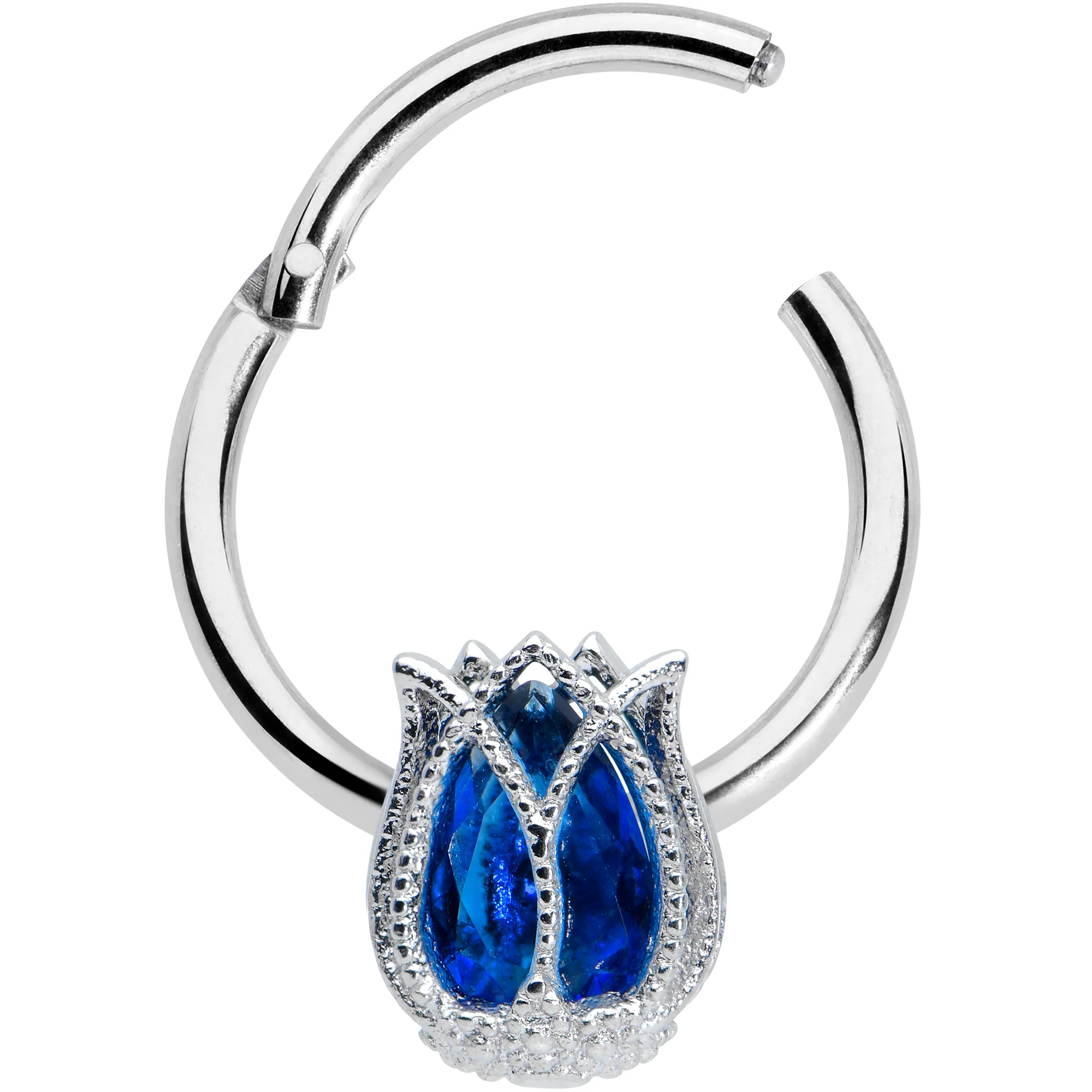 16G 3/8 Blue Gem Petals Tulip Flower Hinged Segment Ring - Image 2