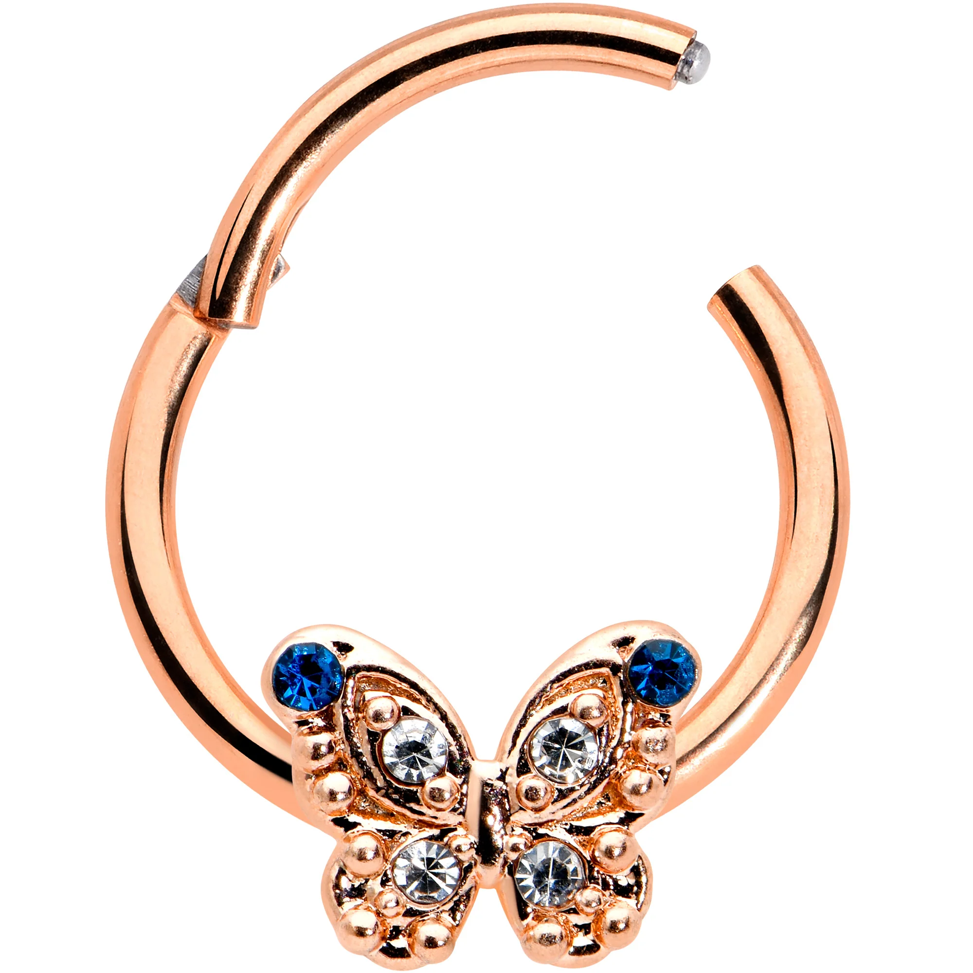 16G 3/8 Blue Gem Rose Gold Tone Butterfly Hinged Segment Ring - Image 2