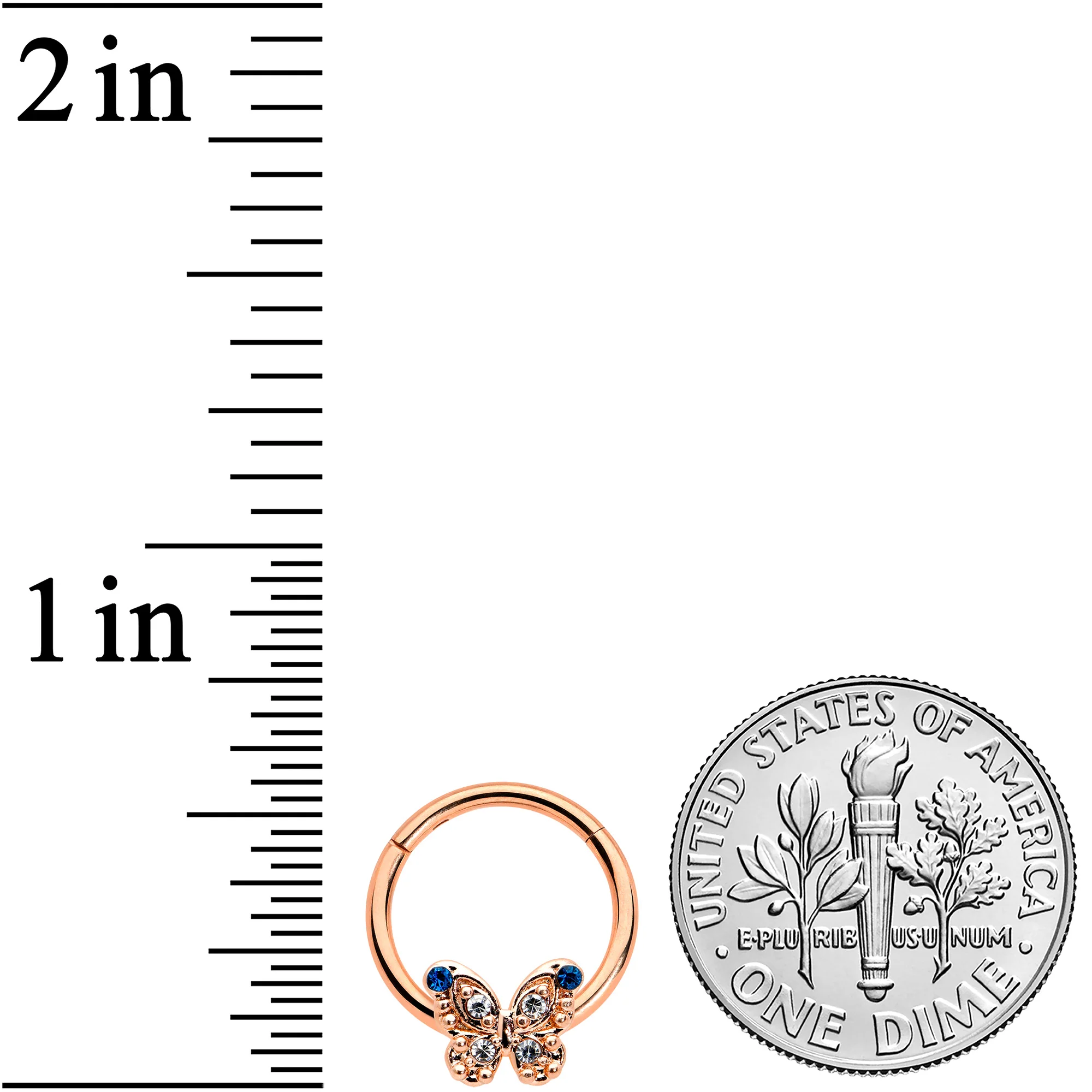 16G 3/8 Blue Gem Rose Gold Tone Butterfly Hinged Segment Ring - Image 3