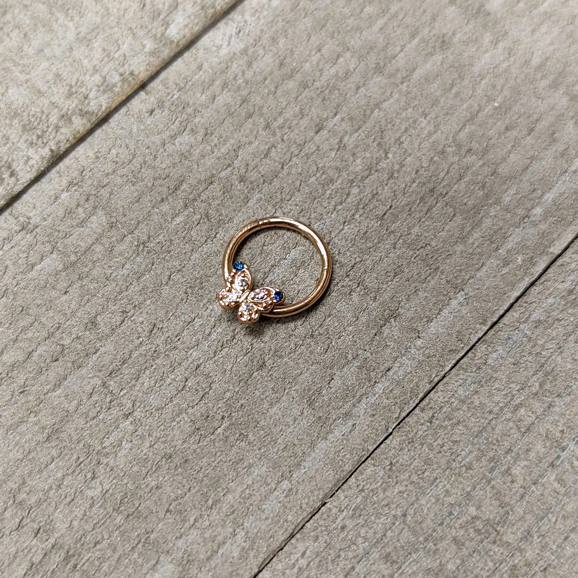 16G 3/8 Blue Gem Rose Gold Tone Butterfly Hinged Segment Ring - Image 4