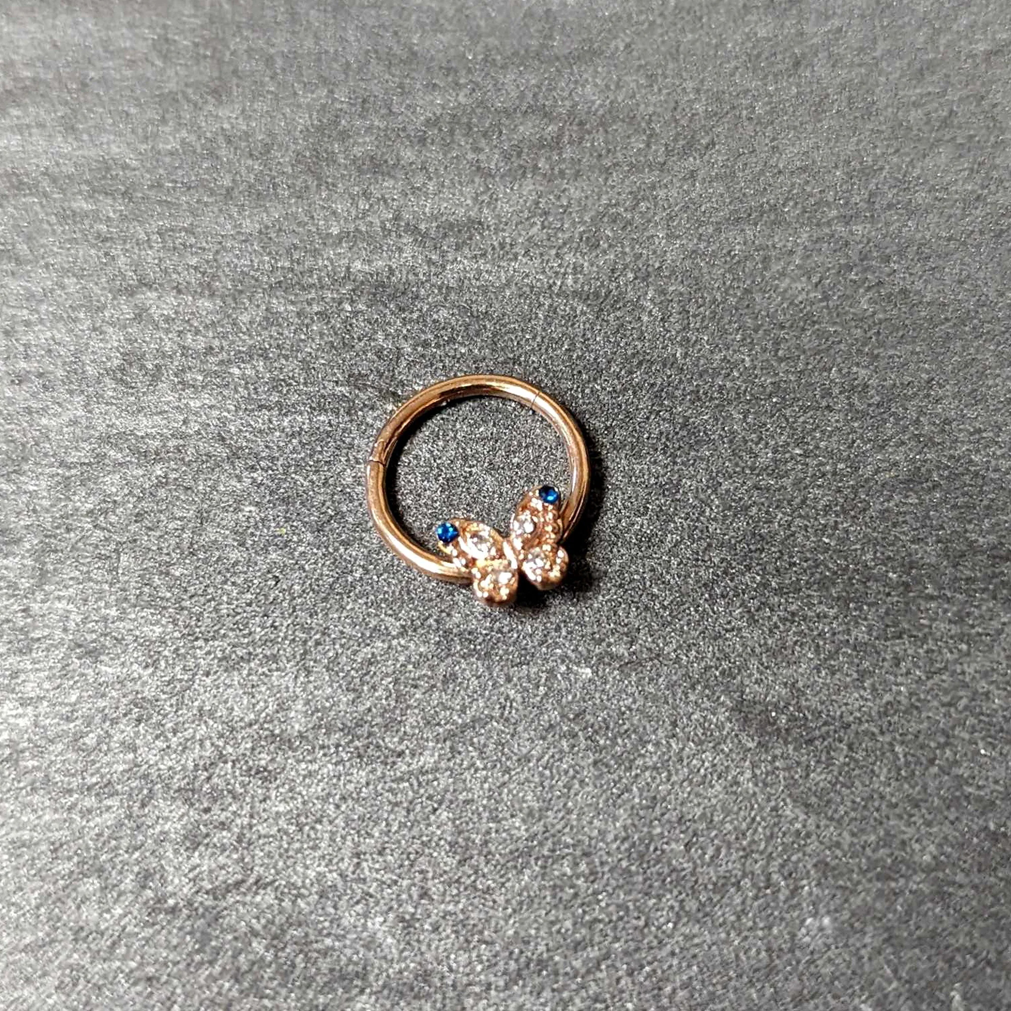 16G 3/8 Blue Gem Rose Gold Tone Butterfly Hinged Segment Ring - Image 5