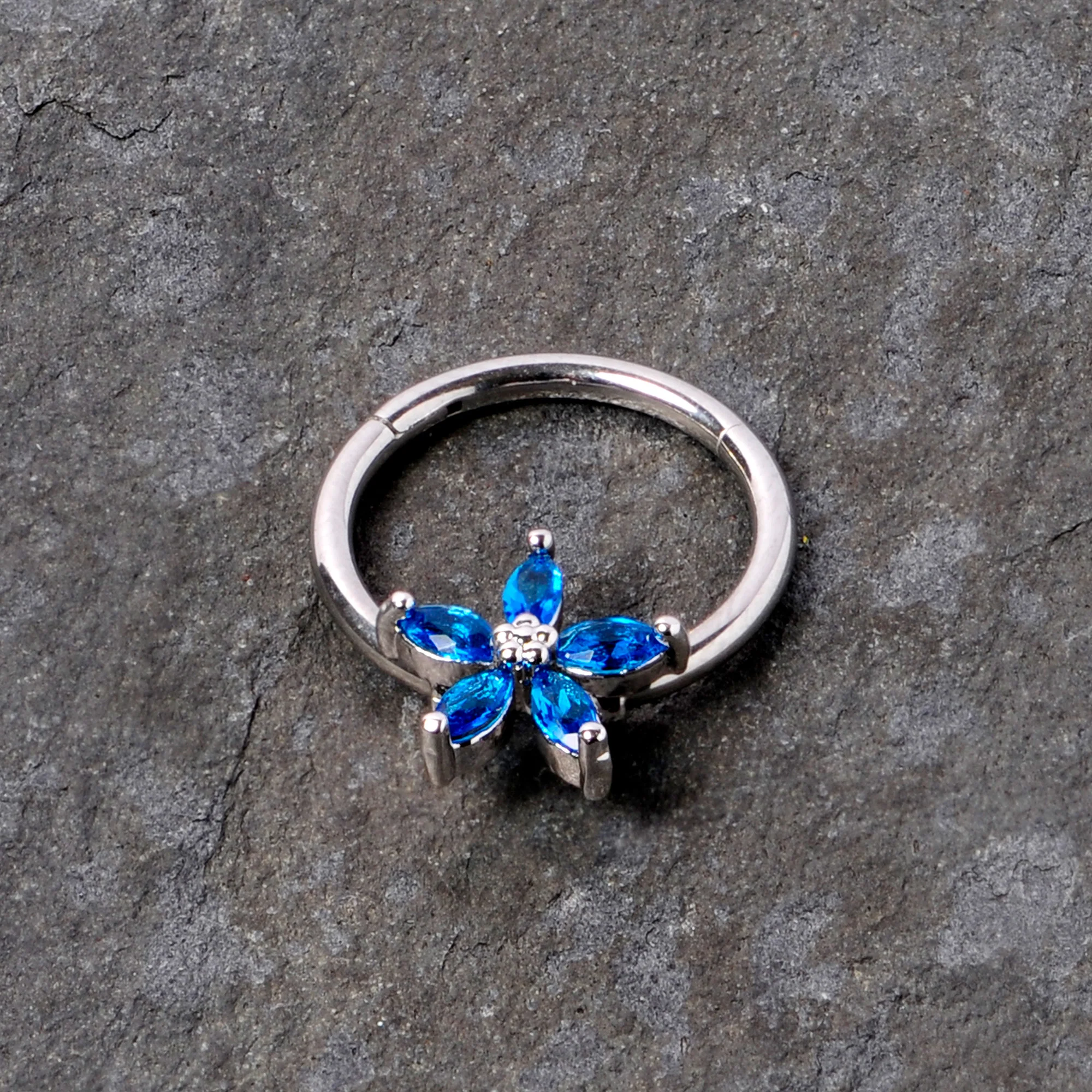16G 3/8 Blue Gem Royal Flower Hinged Segment Ring - Image 2