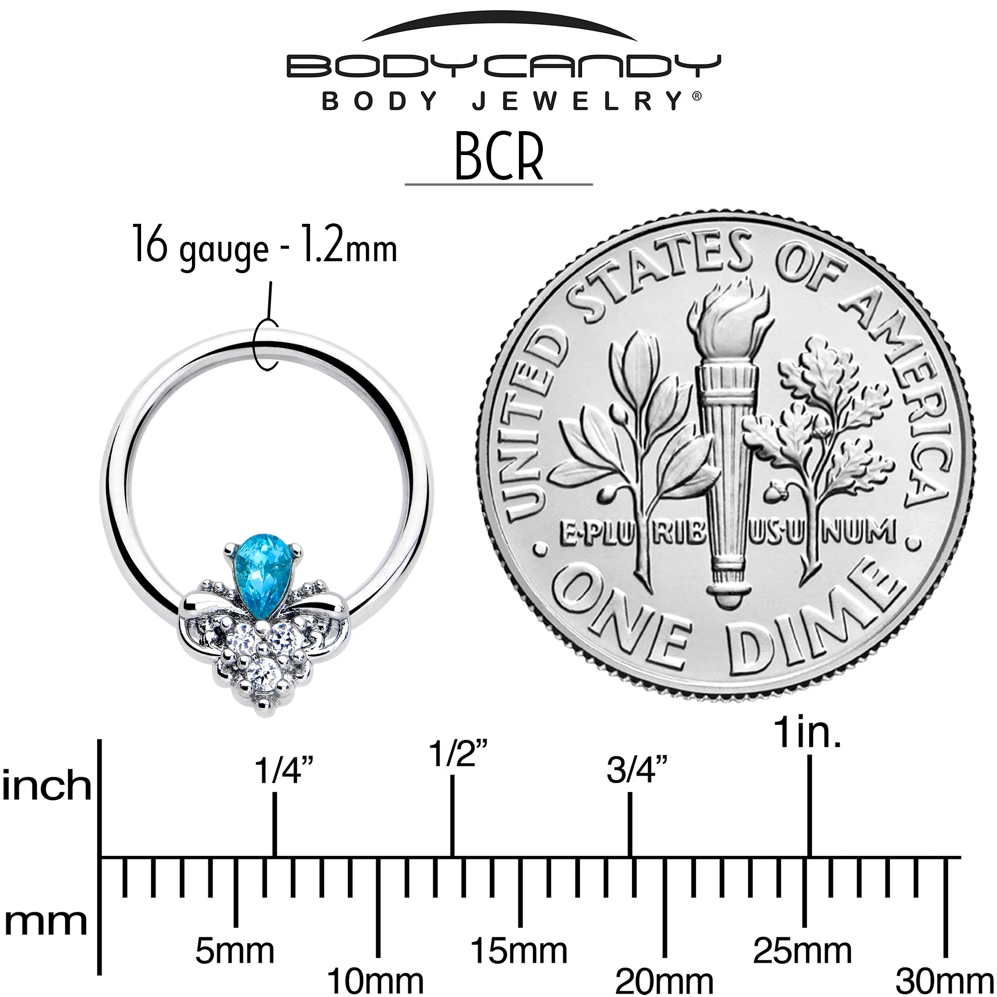16G 3/8 Blue Gem Style Simplicity BCR Captive Ring - Image 4