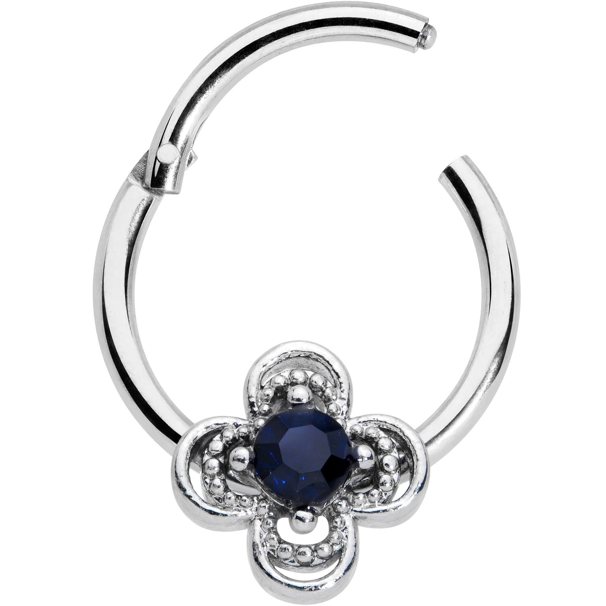 16G 3/8 Blue Gem Stylized Deco Cross Hinged Segment Ring - Image 2