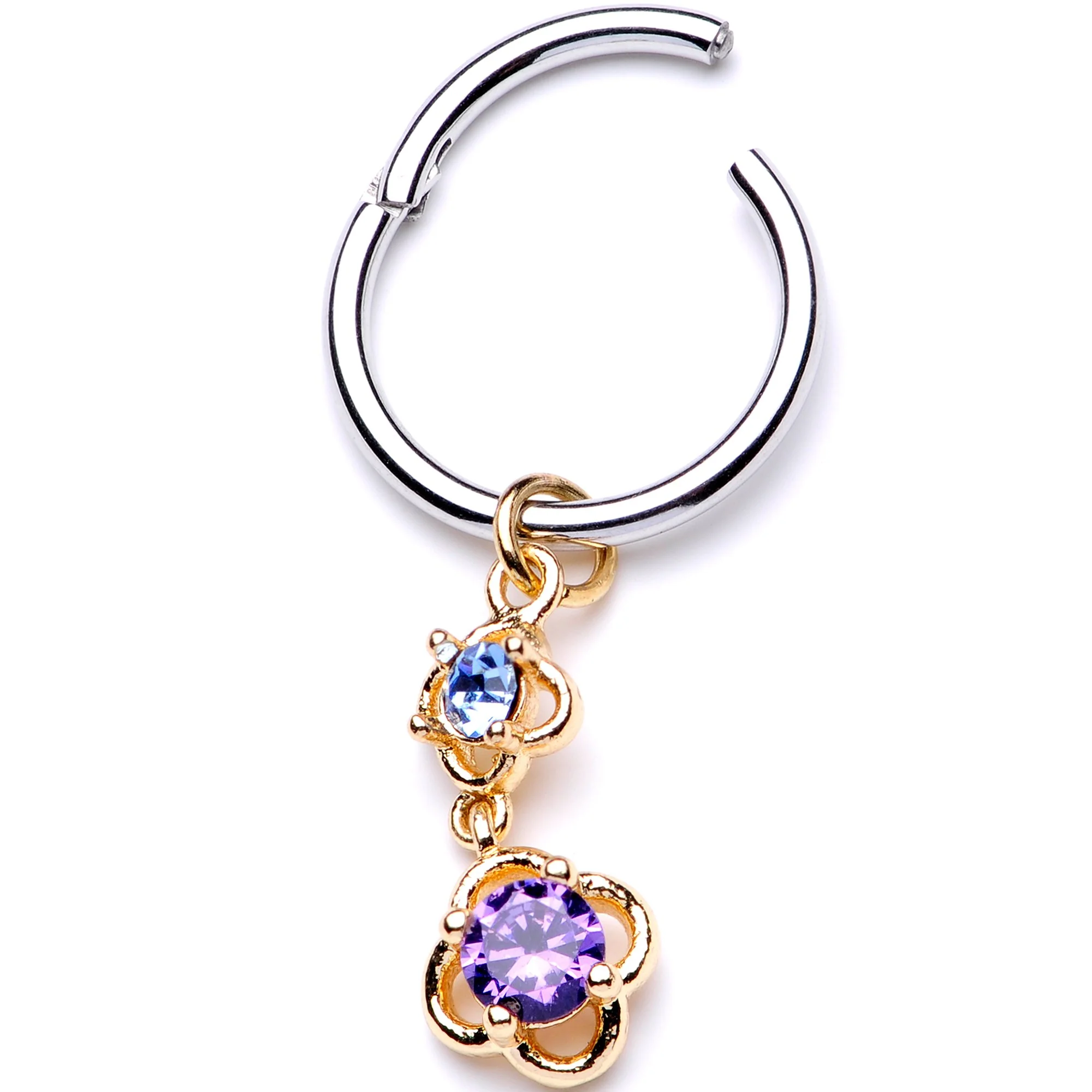 16G 3/8 Blue Purple Gem Flower Dangle Hinged Segment Ring - Image 2