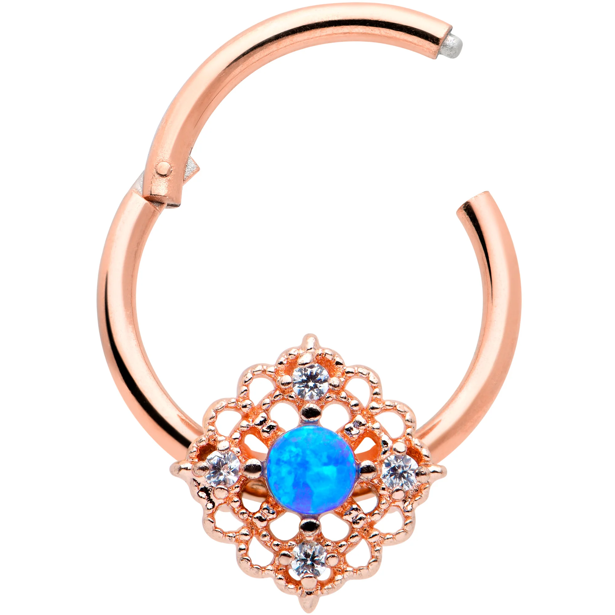 16G 3/8 Blue Synthetc Opal Rose Gold Hue Lacy Hinged Segment Ring - Image 2