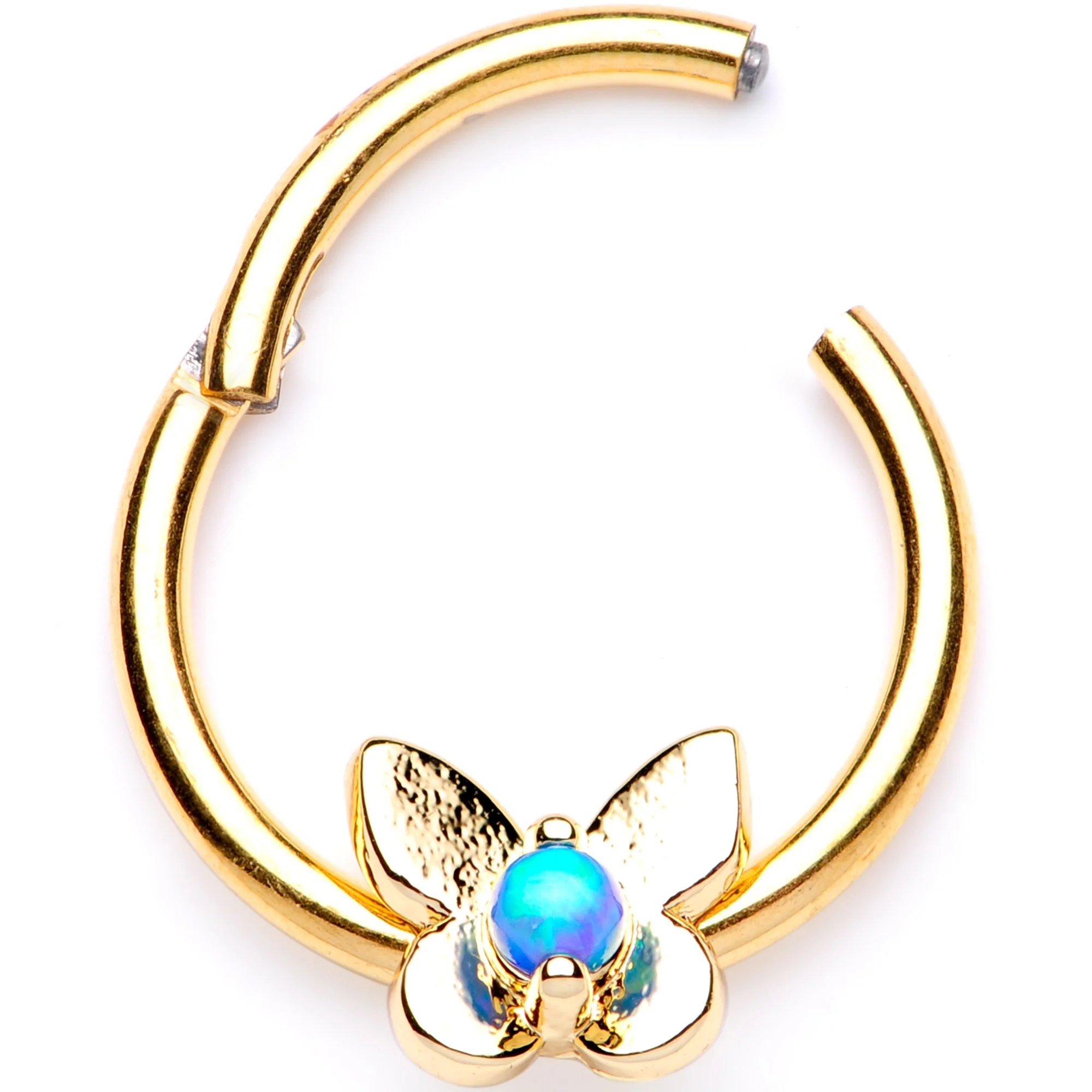 16G 3/8 Blue Synthetic Opal Bashful Butterfly Hinged Segment Ring - Image 2