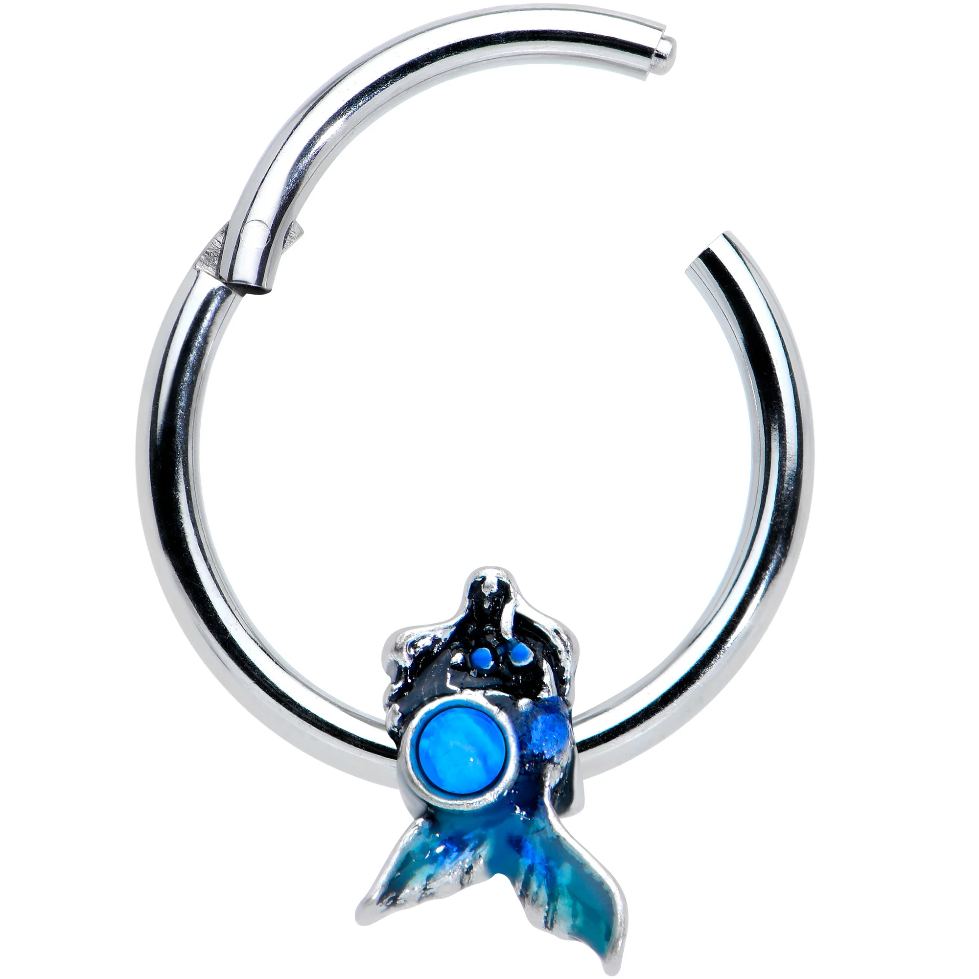 16G 3/8 Blue Synthetic Opal Blue Tail Mermaid Hinged Segment Ring - Image 2