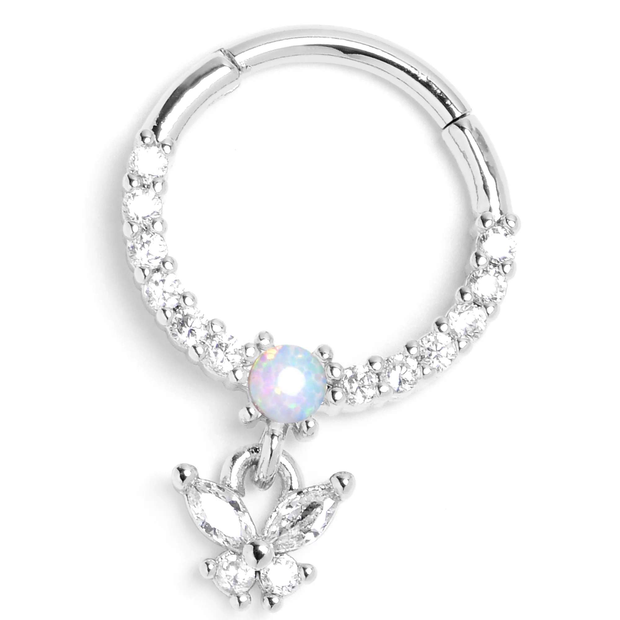 16G 3/8 Blue Synthetic Opal Butterfly Dangle Hinged Segment Ring - Image 4