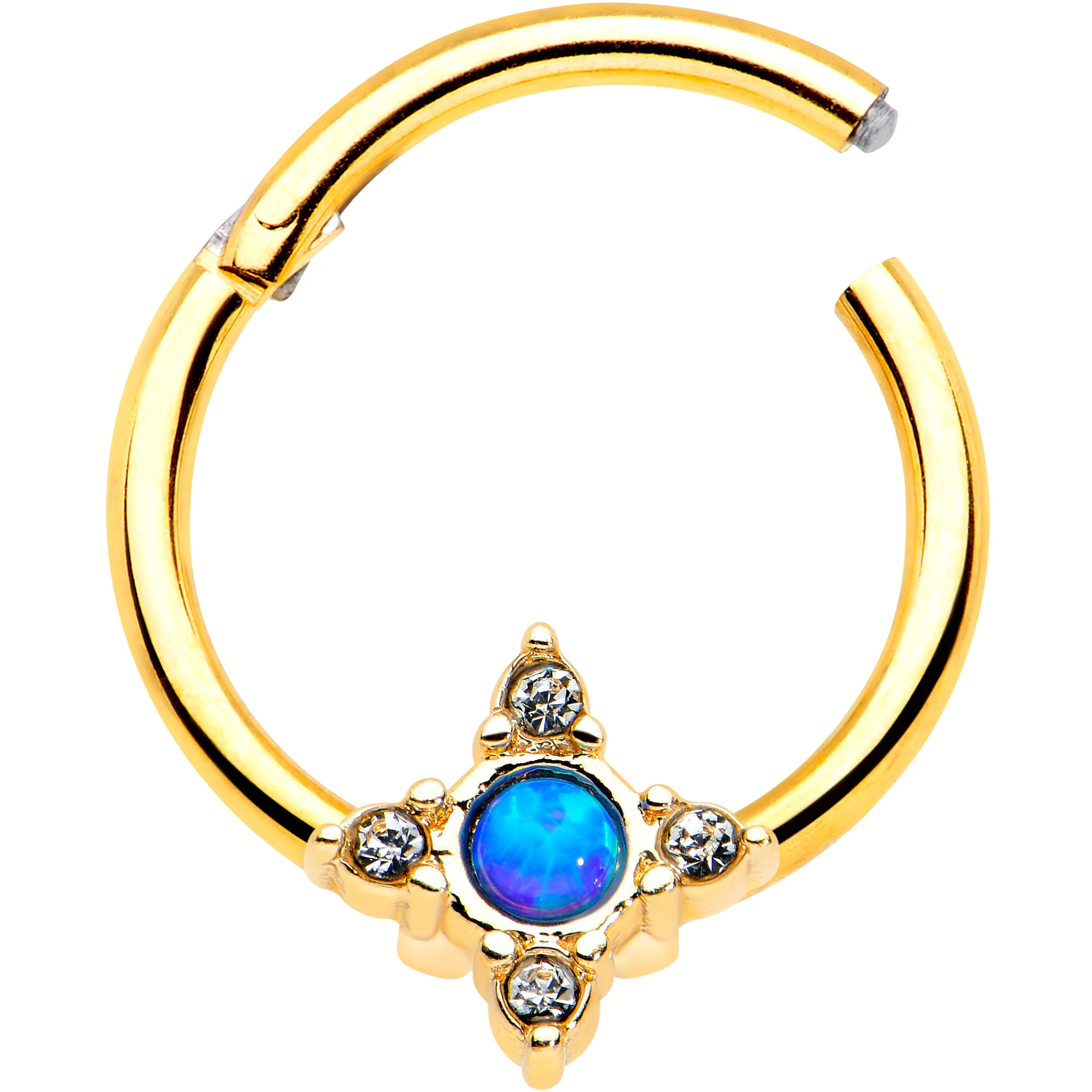 16G 3/8 Blue Synthetic Opal Gold Hue Rhombus Hinged Segment Ring - Image 2