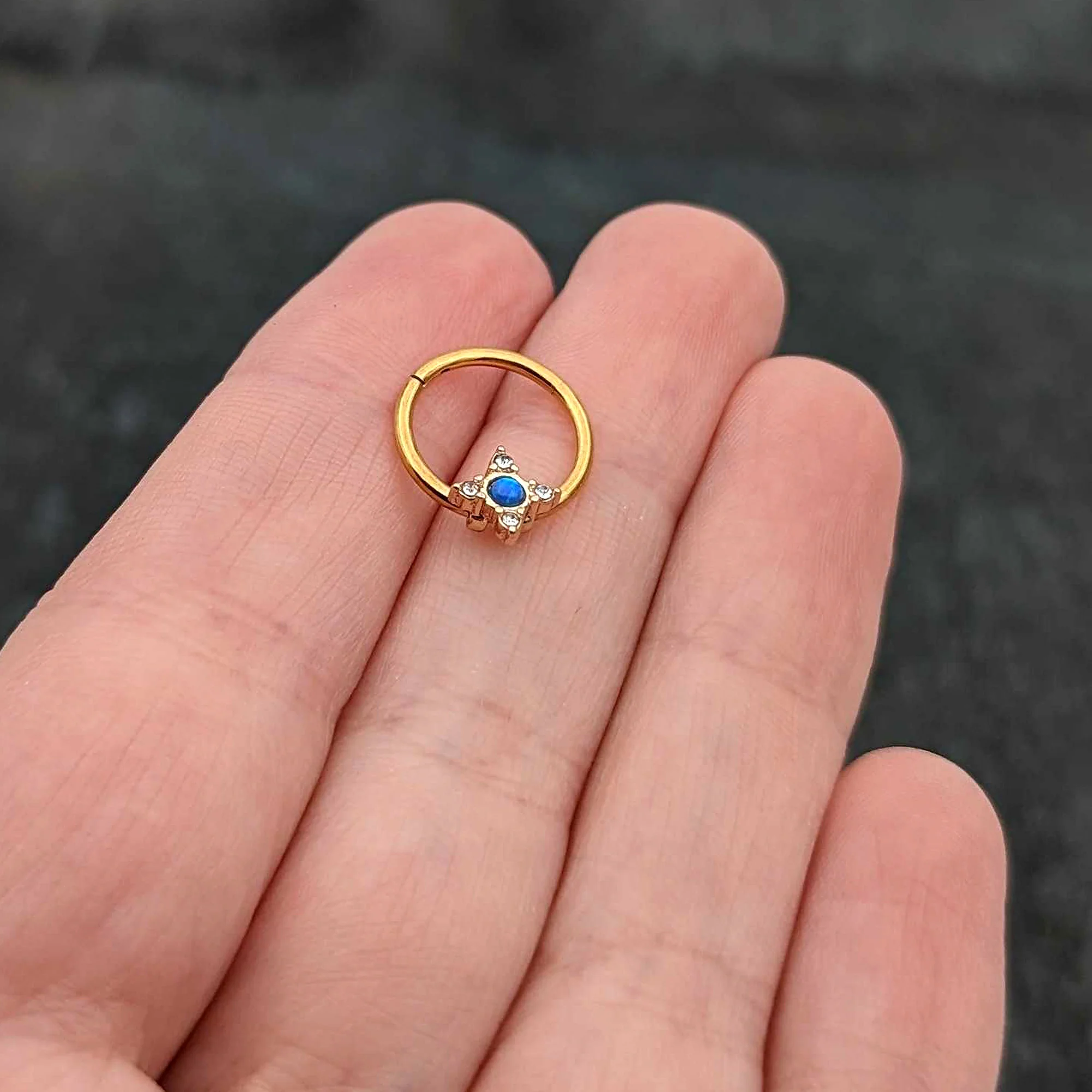 16G 3/8 Blue Synthetic Opal Gold Hue Rhombus Hinged Segment Ring - Image 8