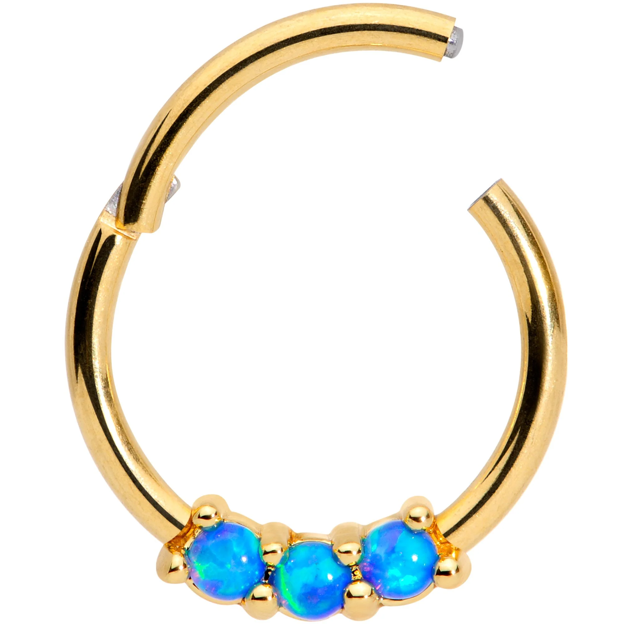 16G 3/8 Blue Synthetic Opal Gold Tone Hinged Segment Ring - Image 2