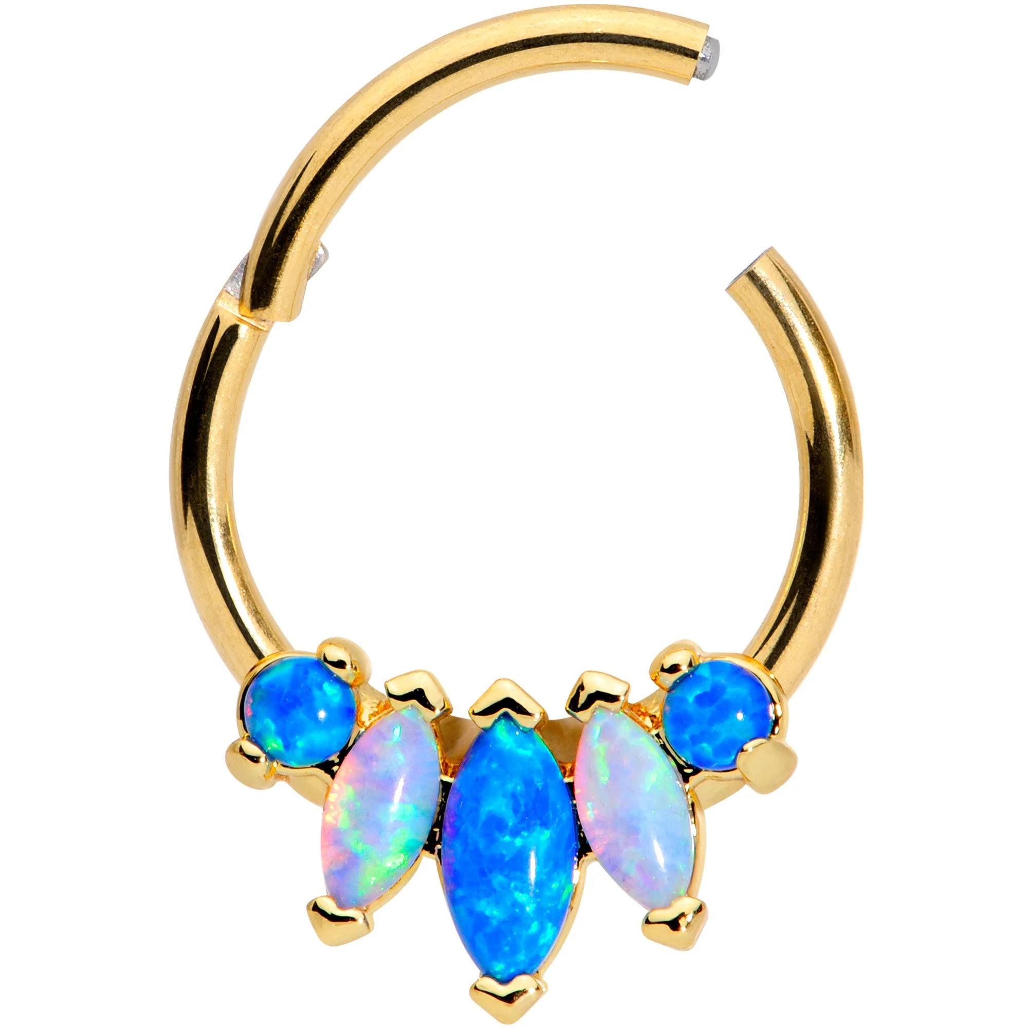 16G 3/8 Blue White Synthetic Opal Gold Tone Hinged Segment Ring - Image 2
