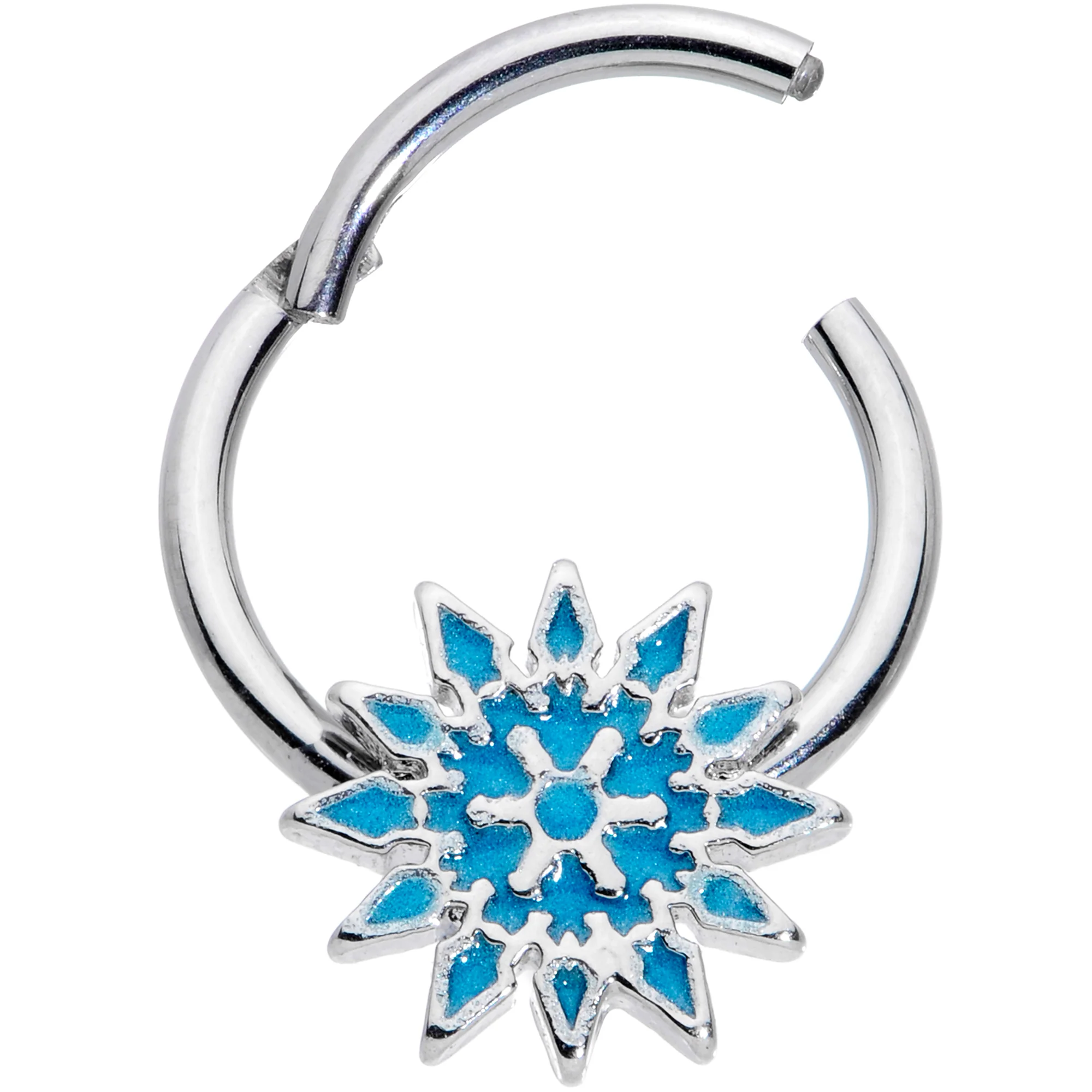 16G 3/8 Blue Winter Snowflake Christmas Hinged Segment Ring - Image 2