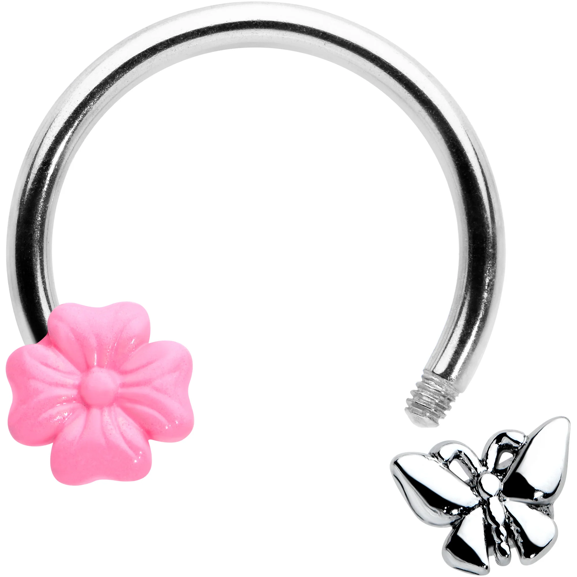 16G 3/8 Butterfly Pink Flower Horseshoe Circular Barbell - Image 2