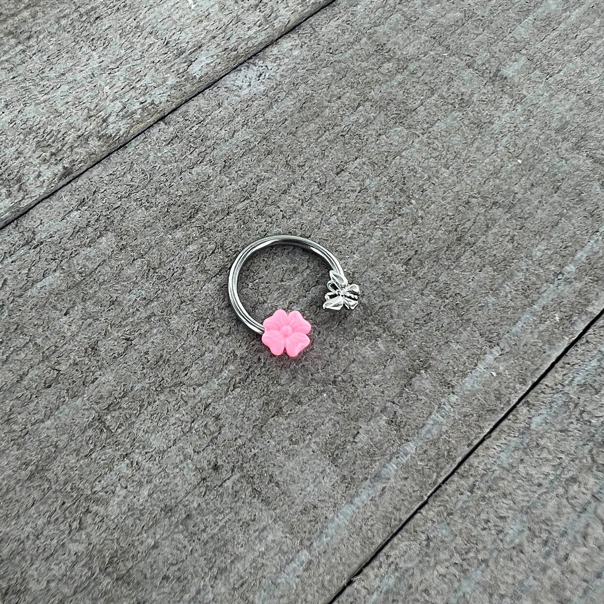 16G 3/8 Butterfly Pink Flower Horseshoe Circular Barbell - Image 4
