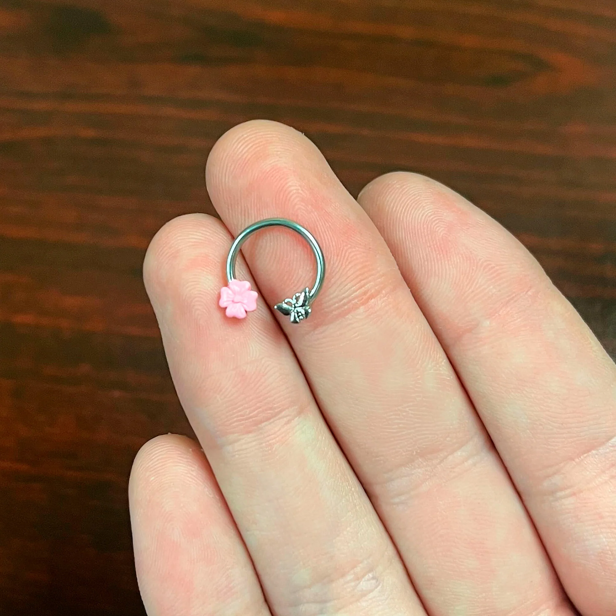 16G 3/8 Butterfly Pink Flower Horseshoe Circular Barbell - Image 5