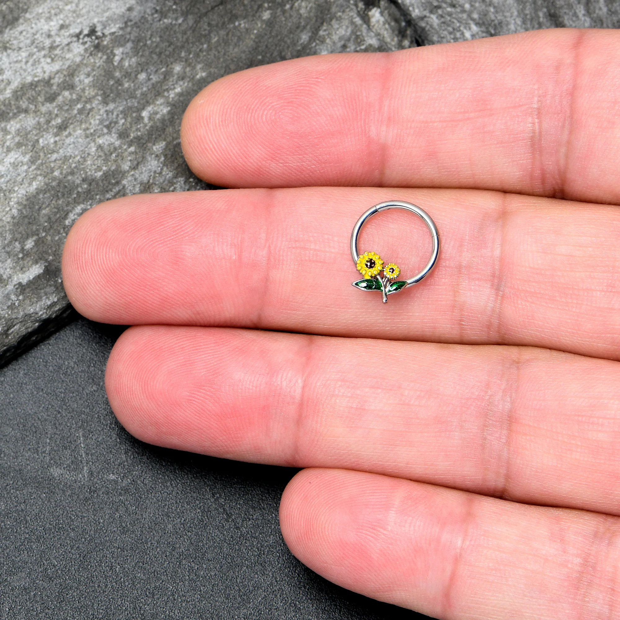 16G 3/8 Cheery Inlay Sunflowers Hinged Segment Ring - Image 3