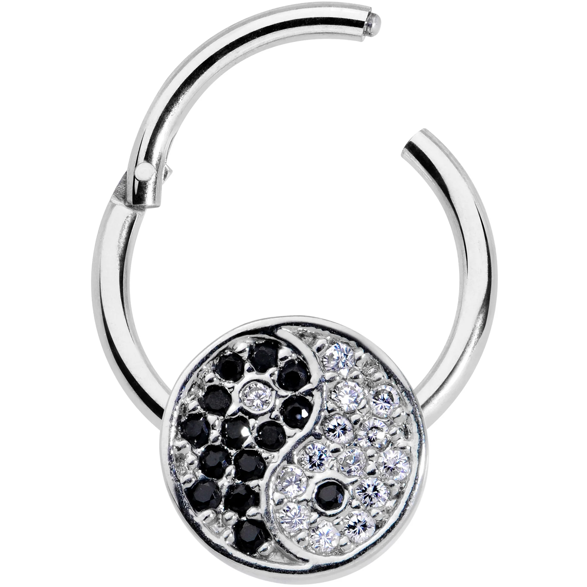 16G 3/8 Clear Black CZ Gem Yin Yang Hinged Segment Ring - Image 2