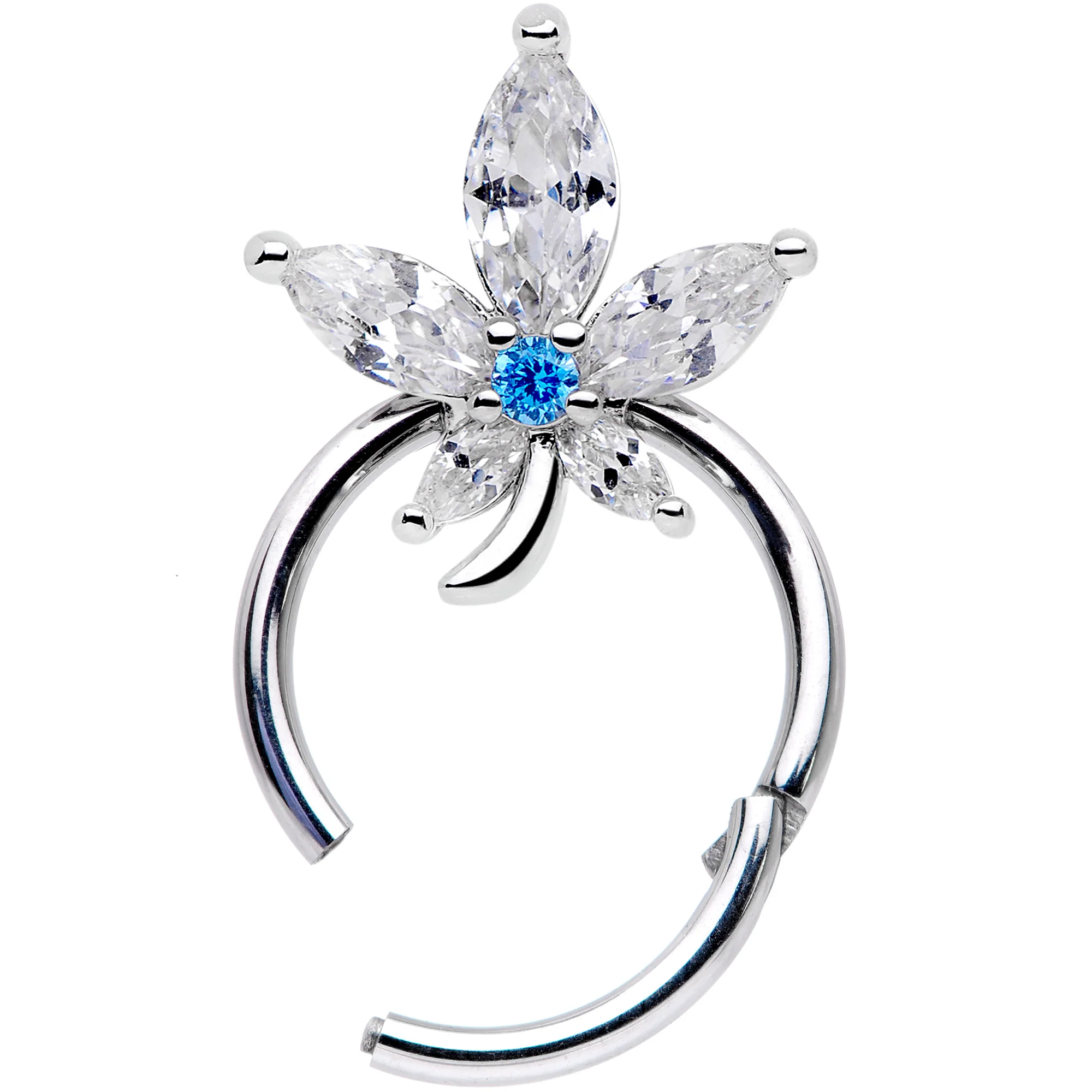 16G 3/8 Clear Blue CZ Gem Marijuana Leaf Hinged Segment Ring - Image 2