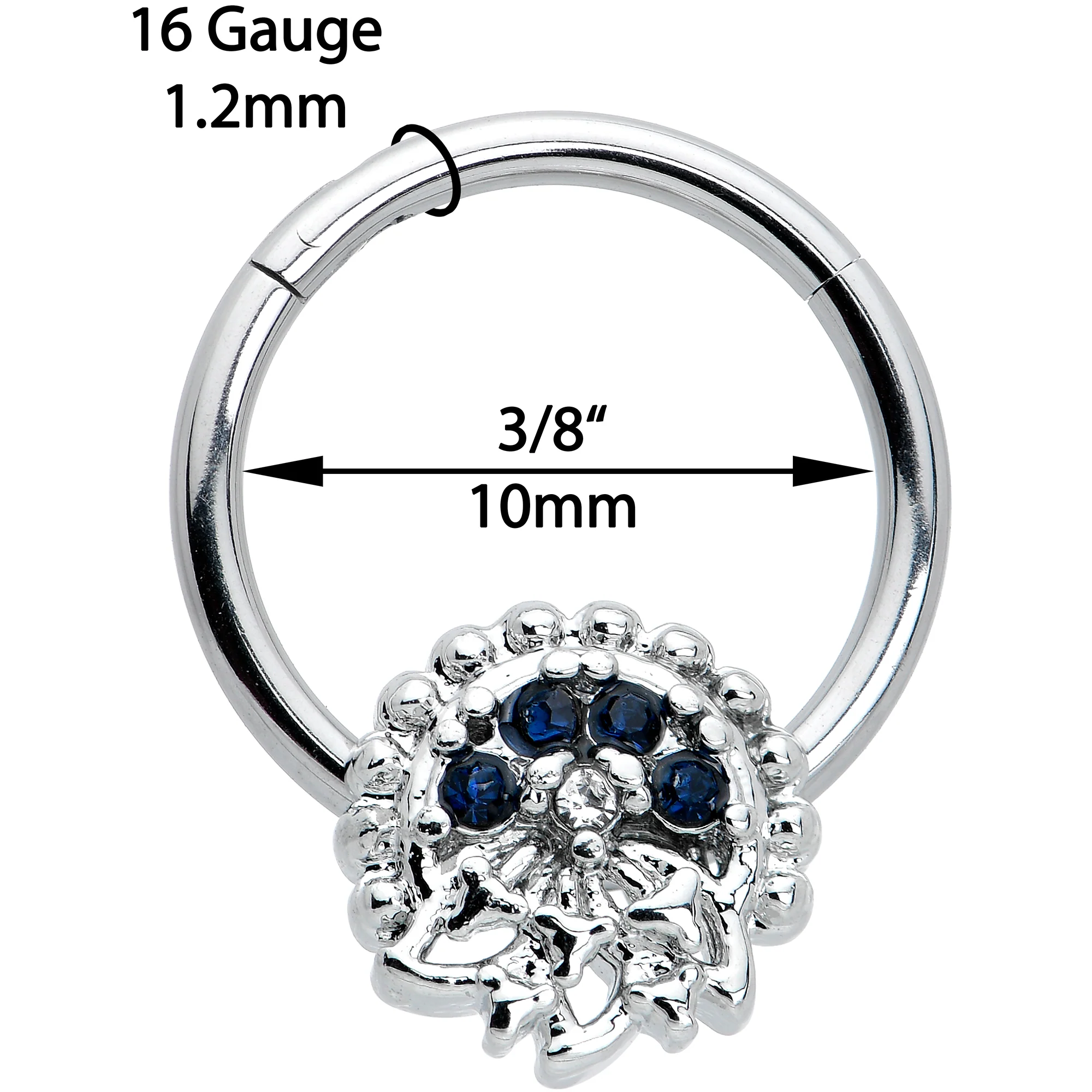 16G 3/8 Clear Blue Gem Abstract Arch Hinged Segment Ring - Image 4