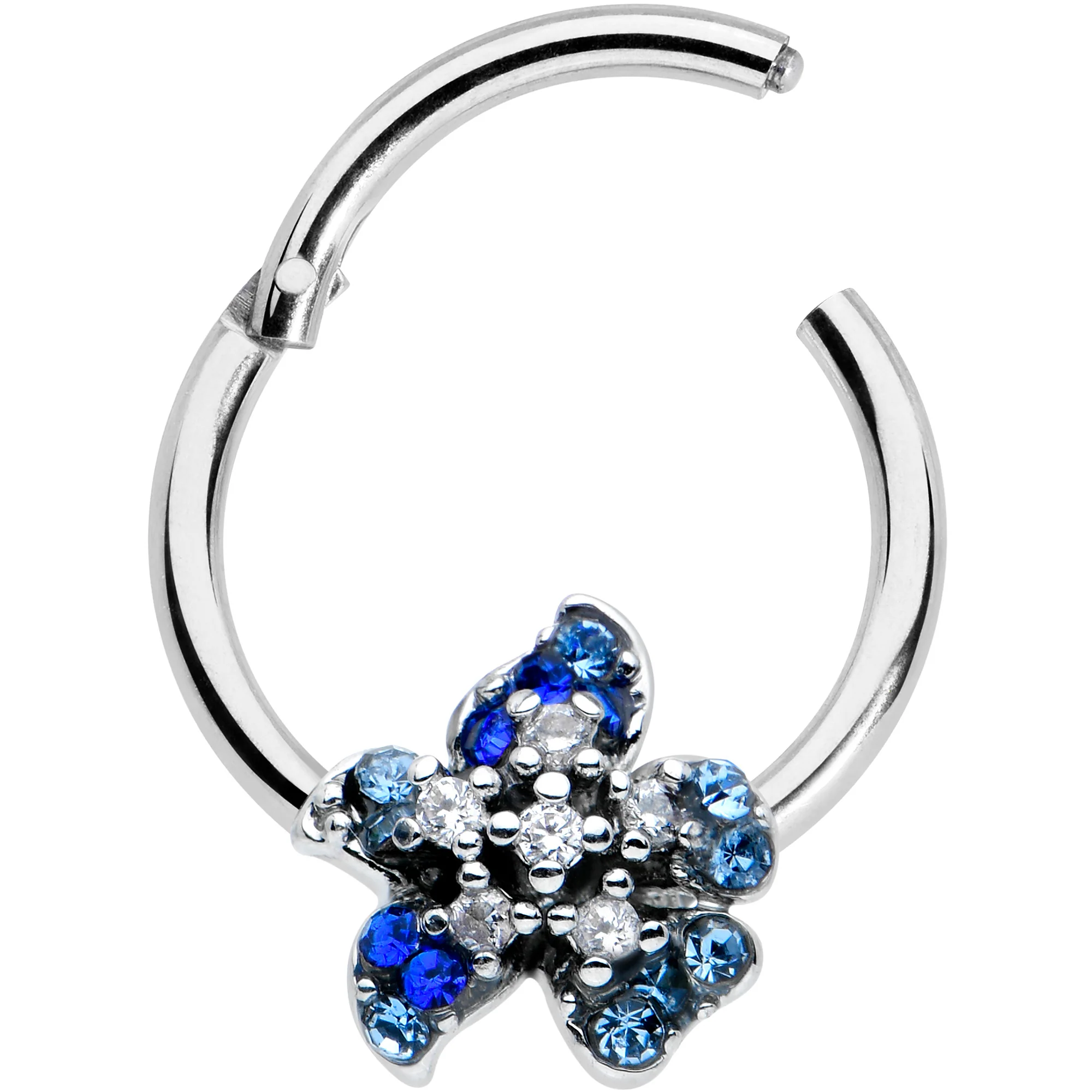 16G 3/8 Clear Blue Gem Evening Flower Hinged Segment Ring - Image 2