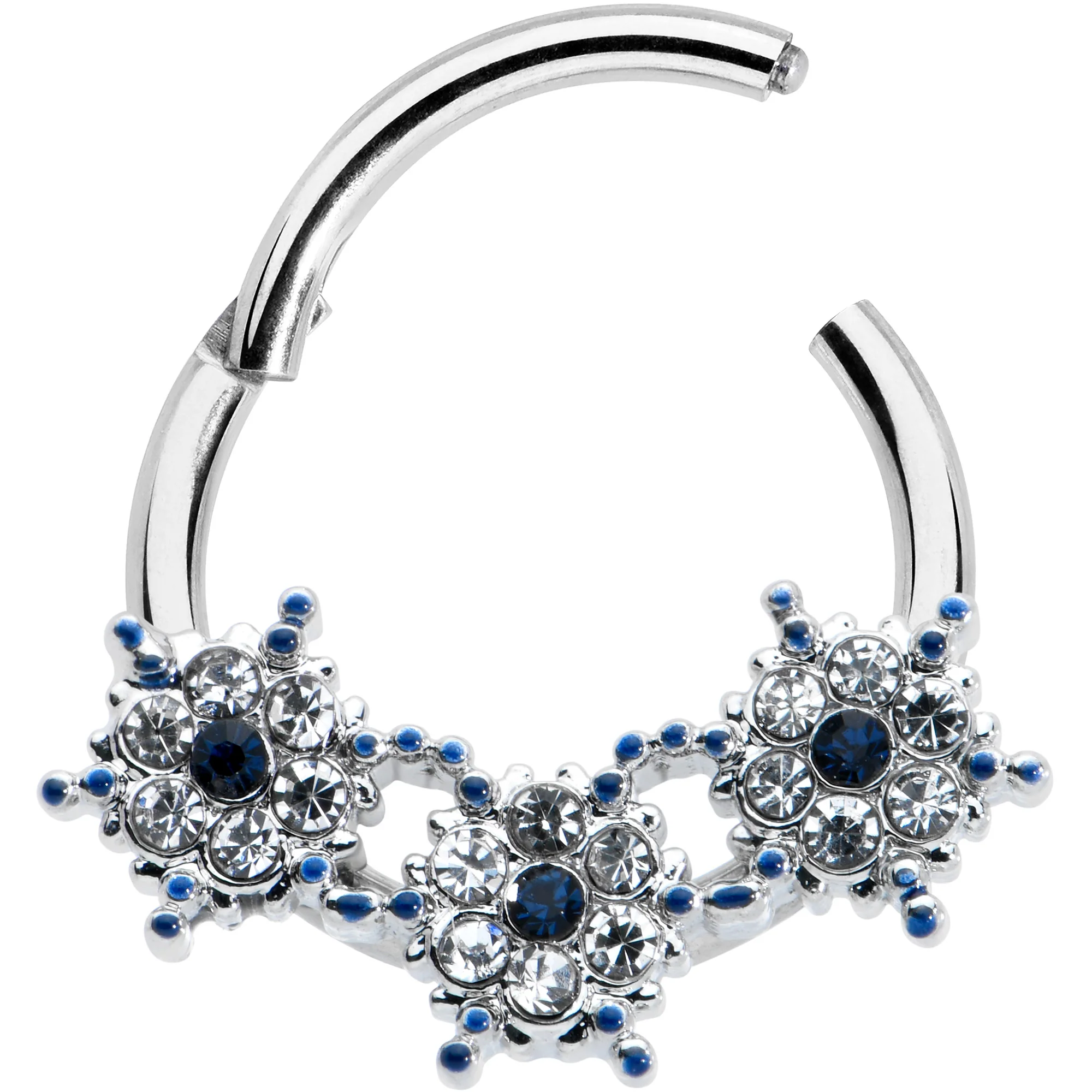 16G 3/8 Clear Blue Gem Festive Trio Snowflake Hinged Segment Ring - Image 2