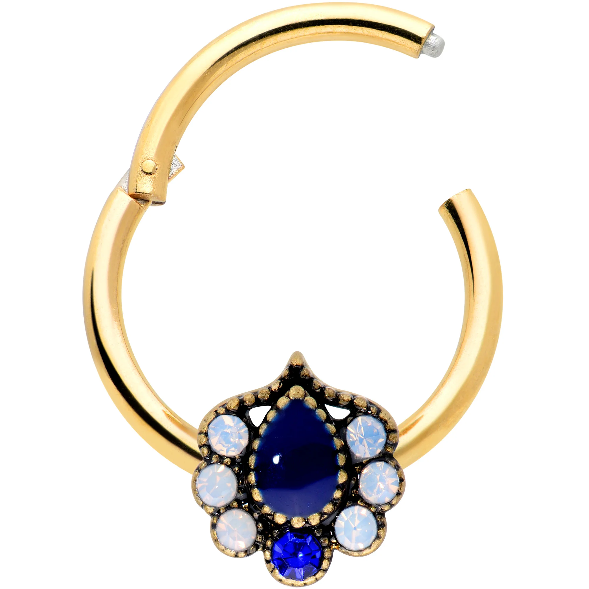 16G 3/8 Clear Blue Gem Gold Hue Heirloom Drop Hinged Segment Ring - Image 2