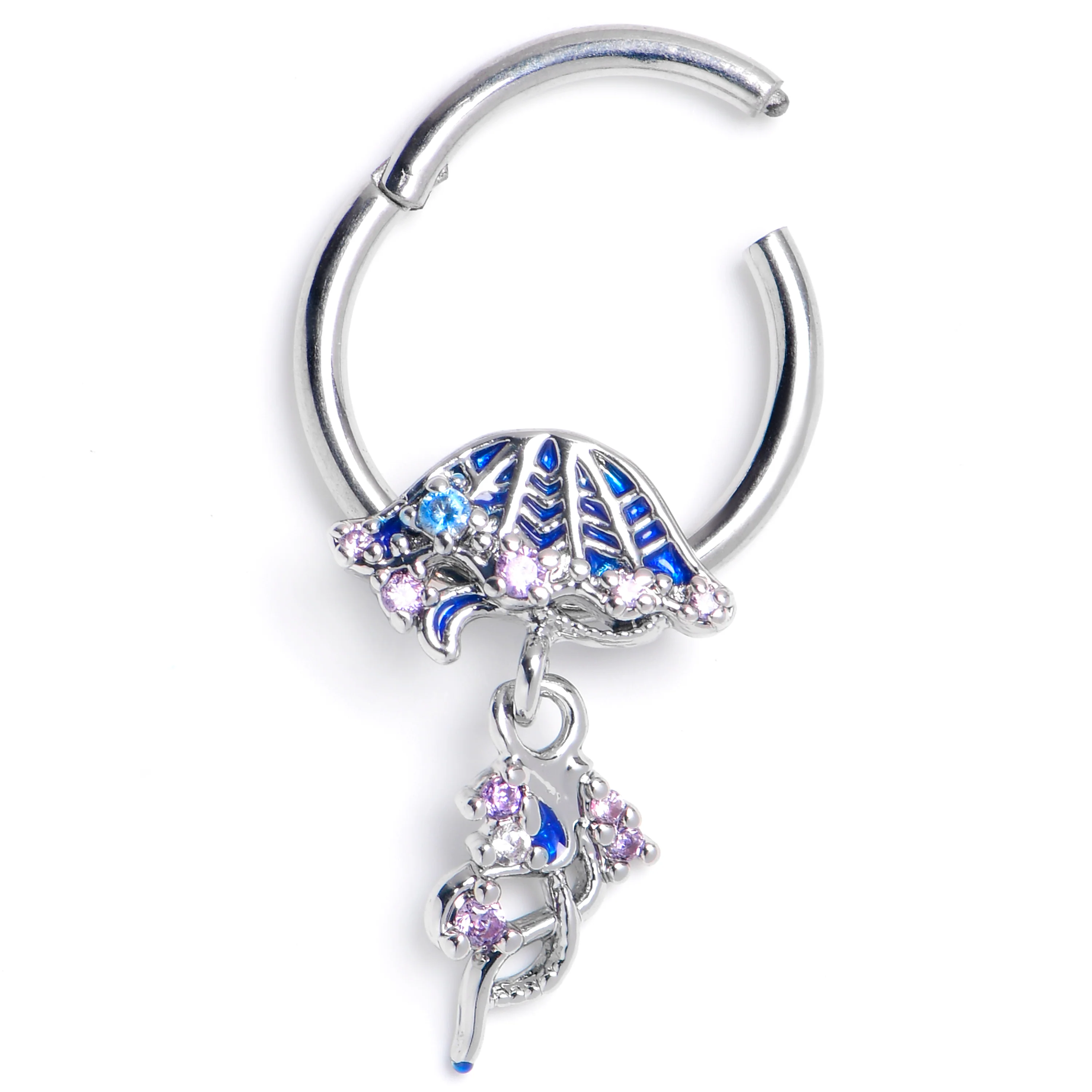 16G 3/8 Clear Blue Gem Jellyfish Blue Hinged Segment Ring
