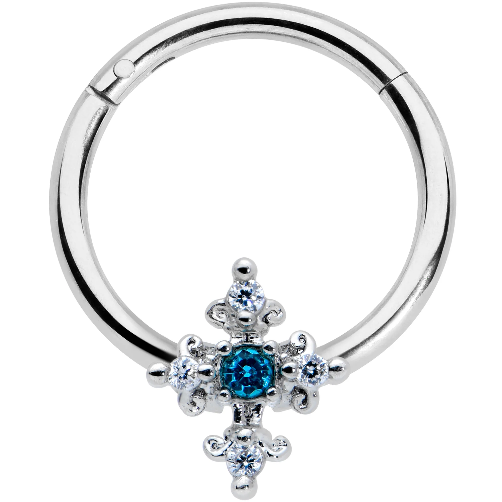 16G 3/8 Clear Blue Gem Renaissance Cross Hinged Segment Ring