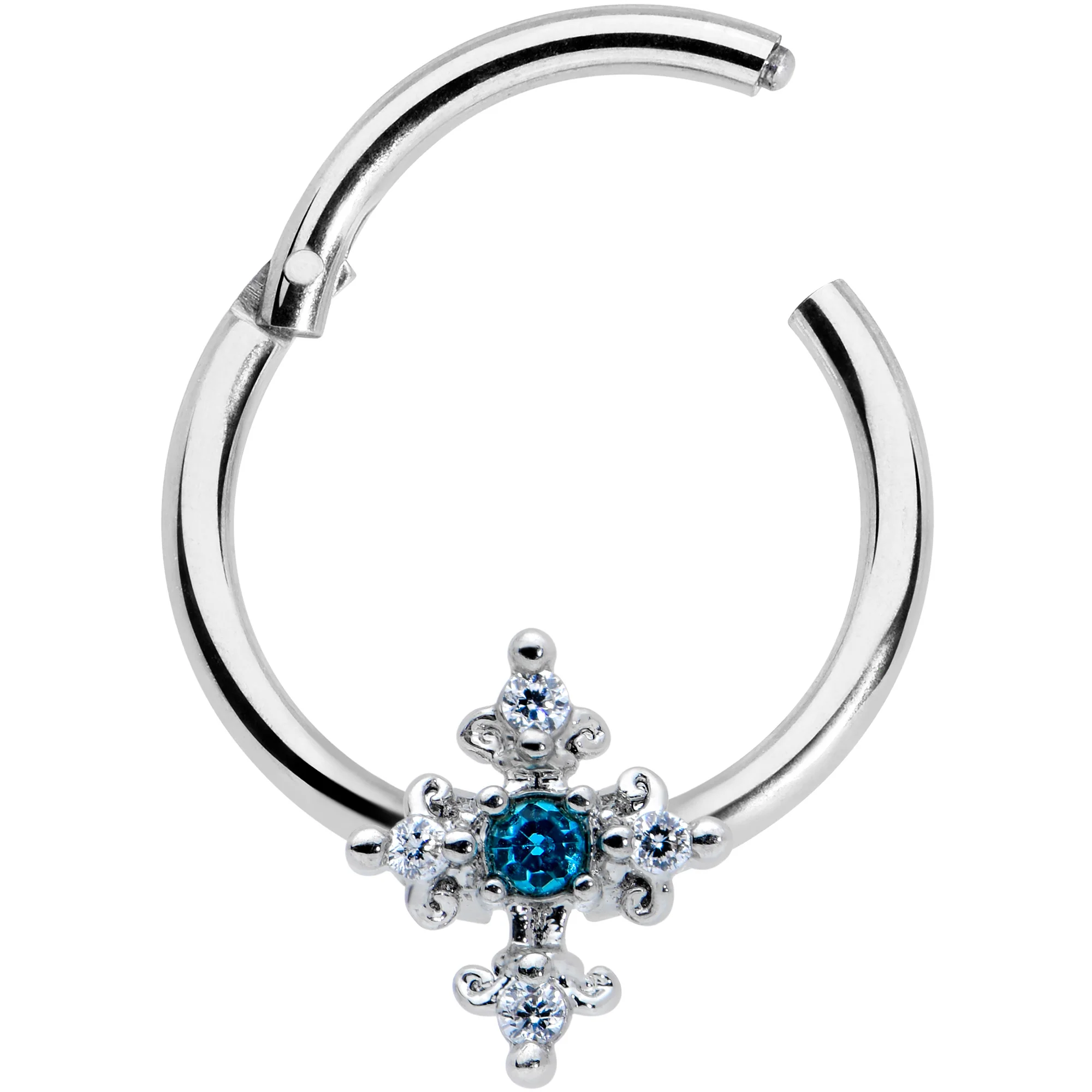 16G 3/8 Clear Blue Gem Renaissance Cross Hinged Segment Ring - Image 2
