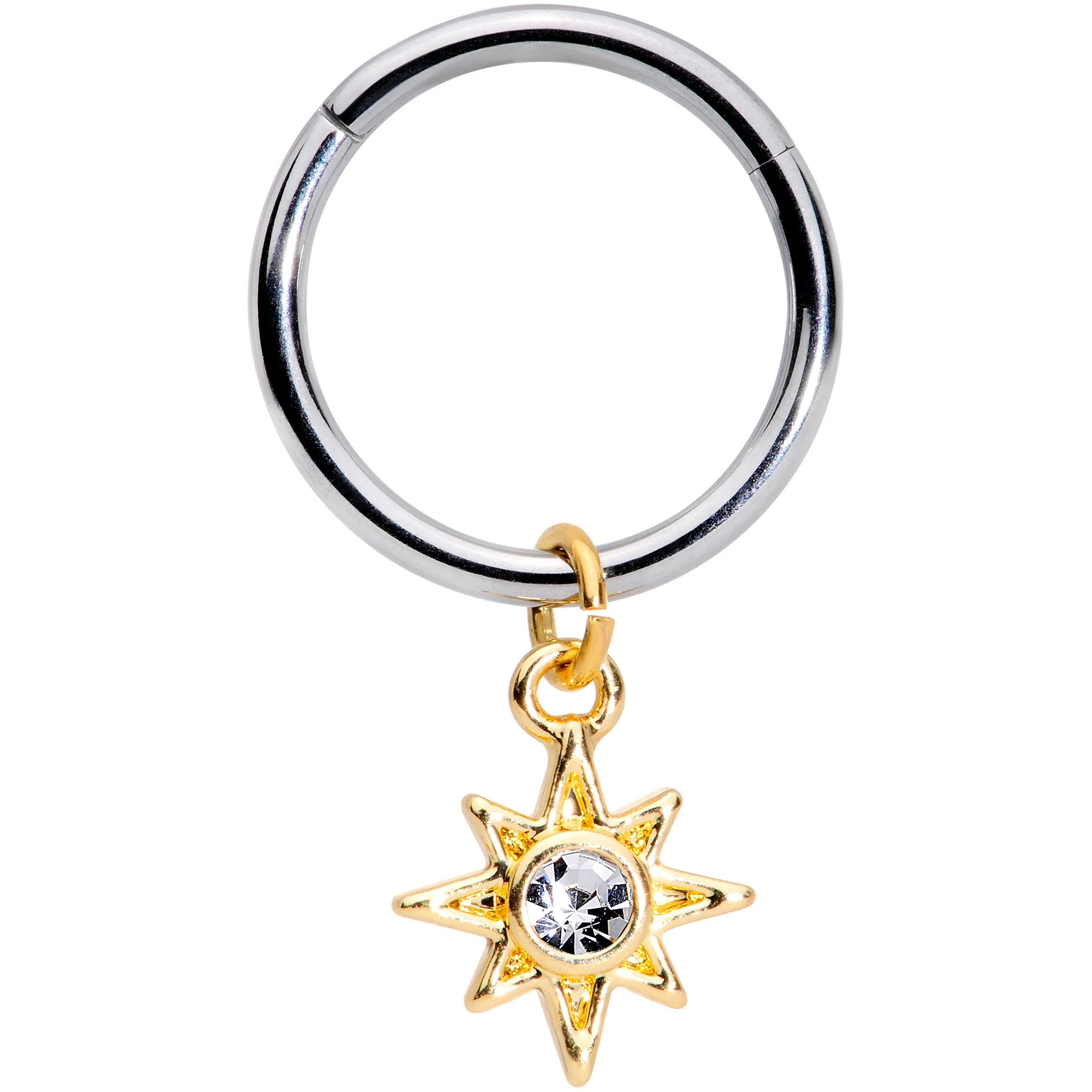 16G 3/8 Clear Cubic Zirconia Gem Star Dangle Hinged Segment Ring