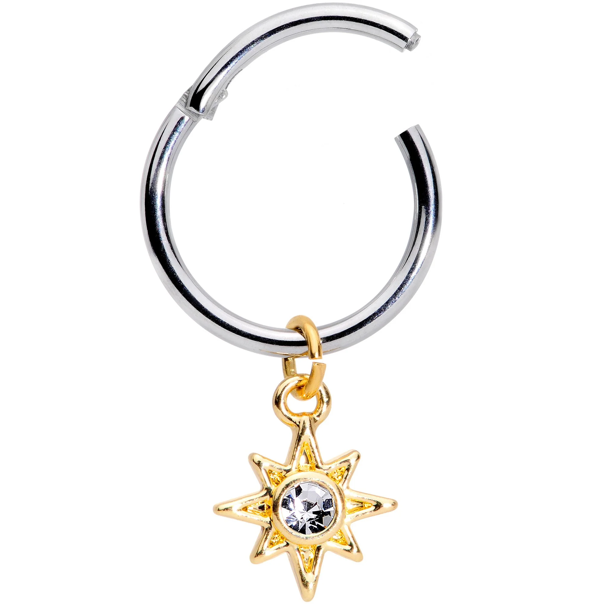 16G 3/8 Clear Cubic Zirconia Gem Star Dangle Hinged Segment Ring - Image 2