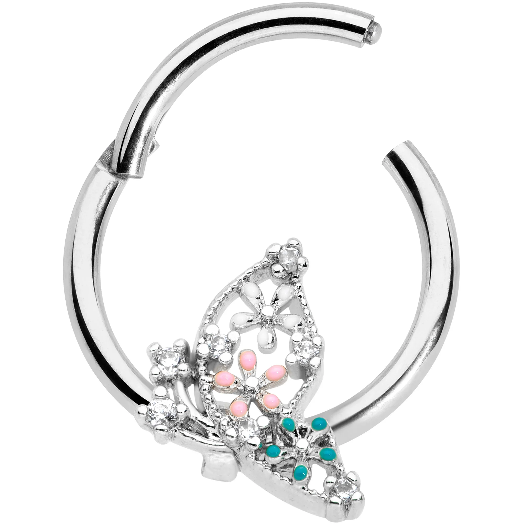 16G 3/8 Clear CZ Gem Abstract Butterfly Hinged Segment Ring - Image 2