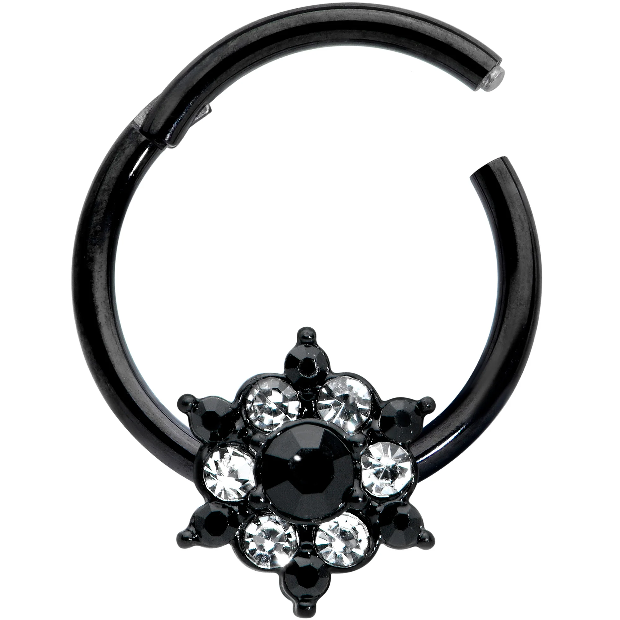 16G 3/8 Clear CZ Gem Black Abstract Sun Hinged Segment Ring - Image 2