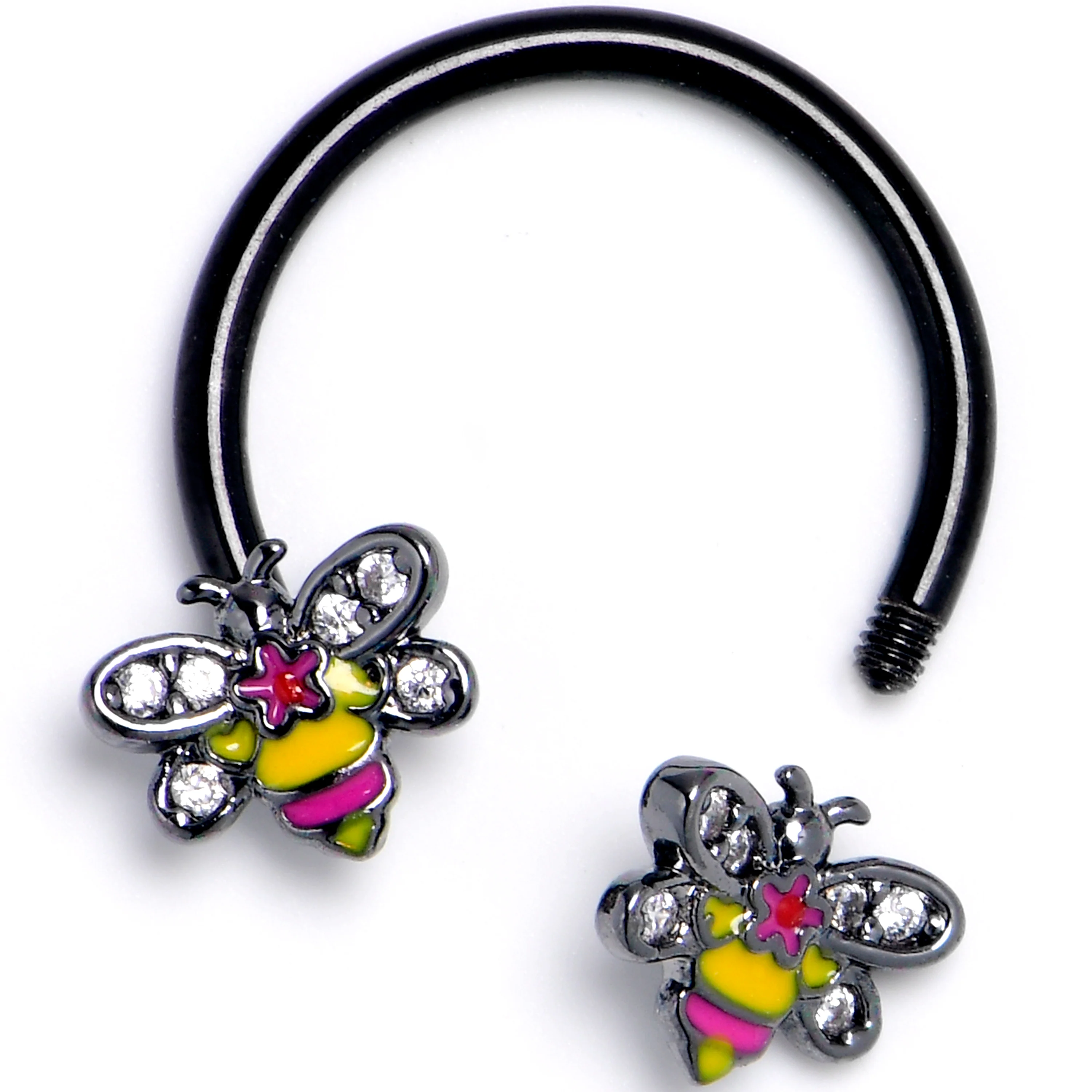 16G 3/8 Clear CZ Gem Black Bright Bee Beauty Horseshoe - Image 2