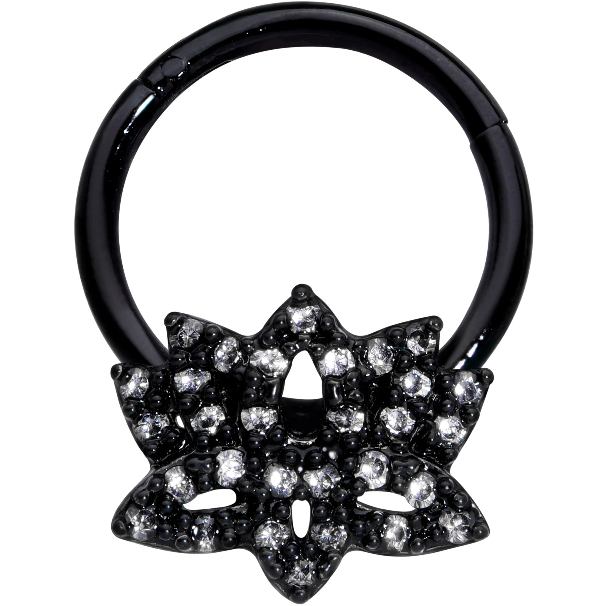 16G 3/8 Clear CZ Gem Black Lotus Flower Hinged Segment Ring