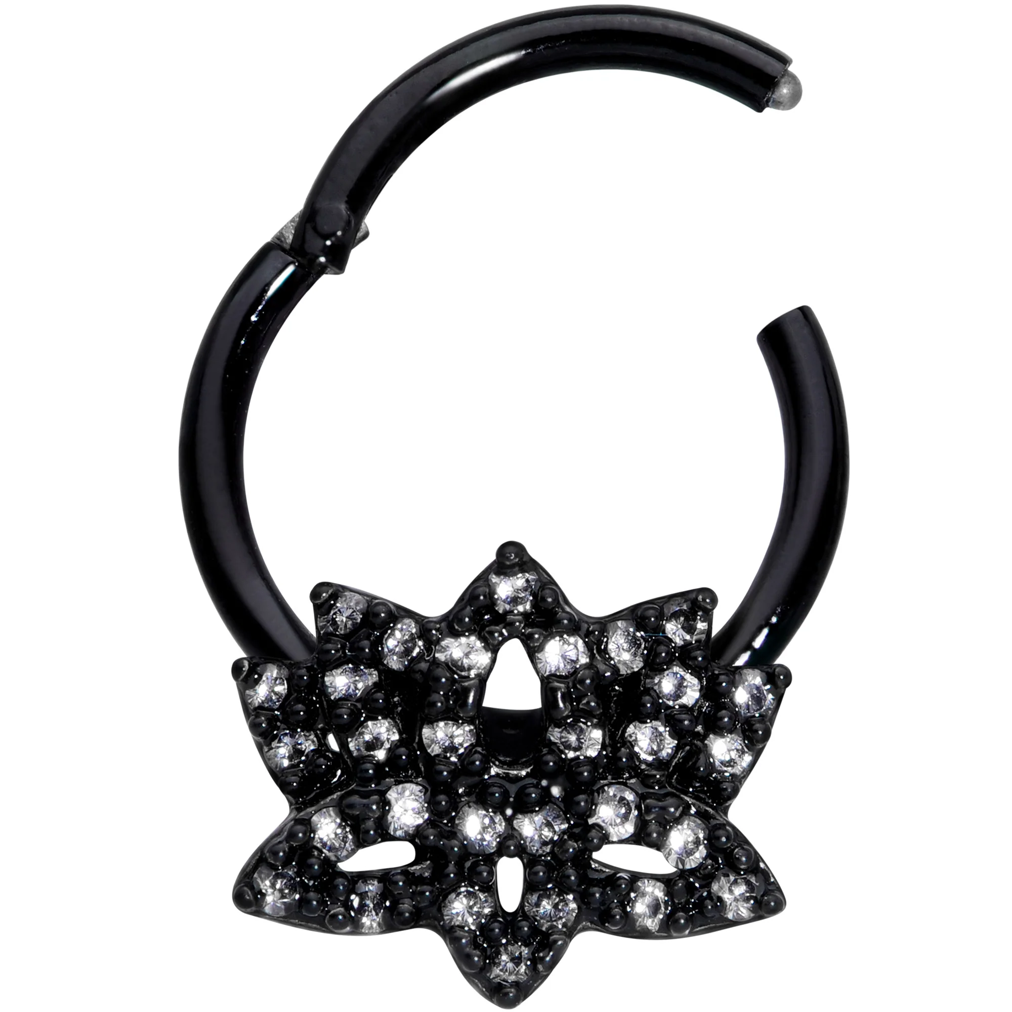 16G 3/8 Clear CZ Gem Black Lotus Flower Hinged Segment Ring - Image 2