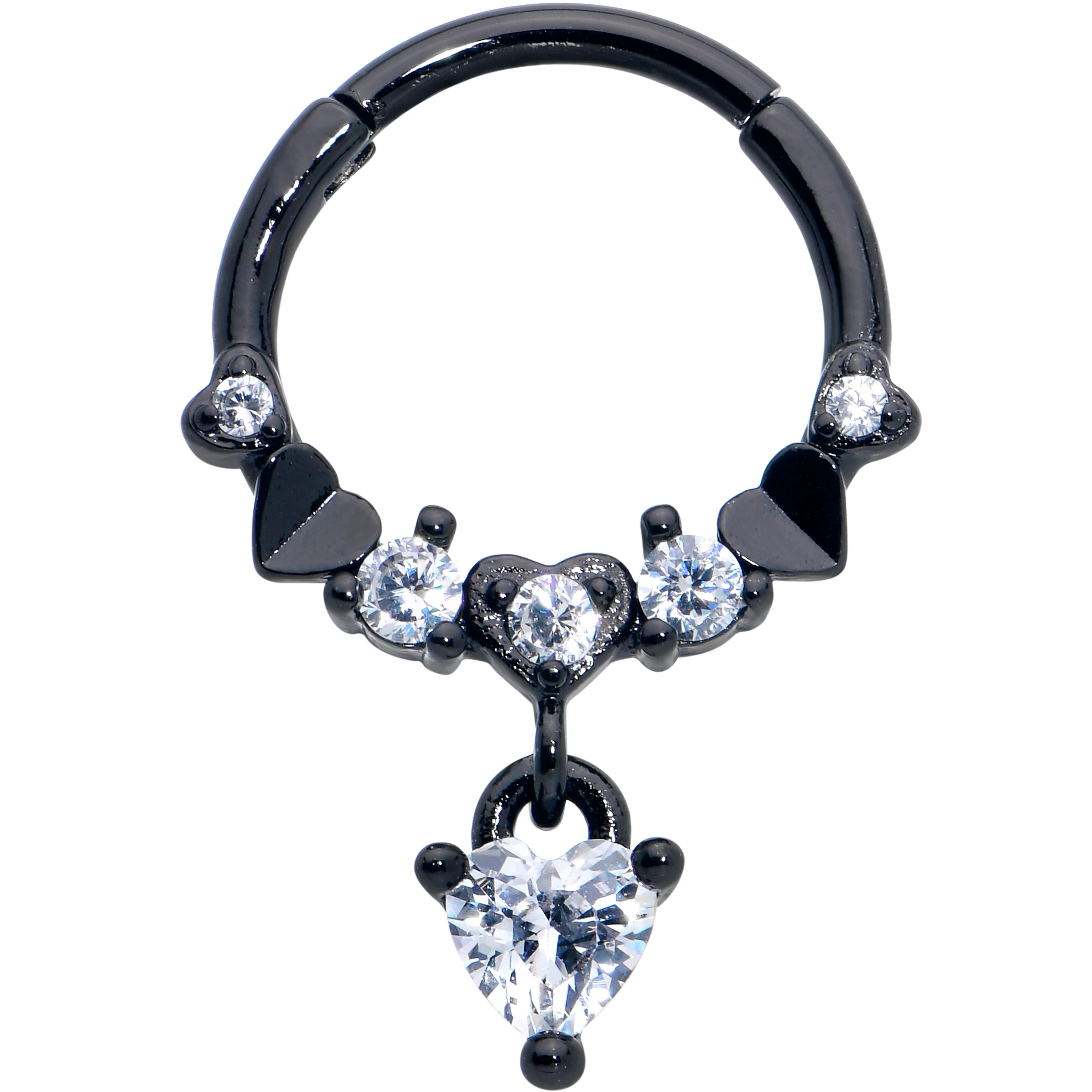 16G 3/8 Clear CZ Gem Black Love Heart Dangle Hinged Segment Ring